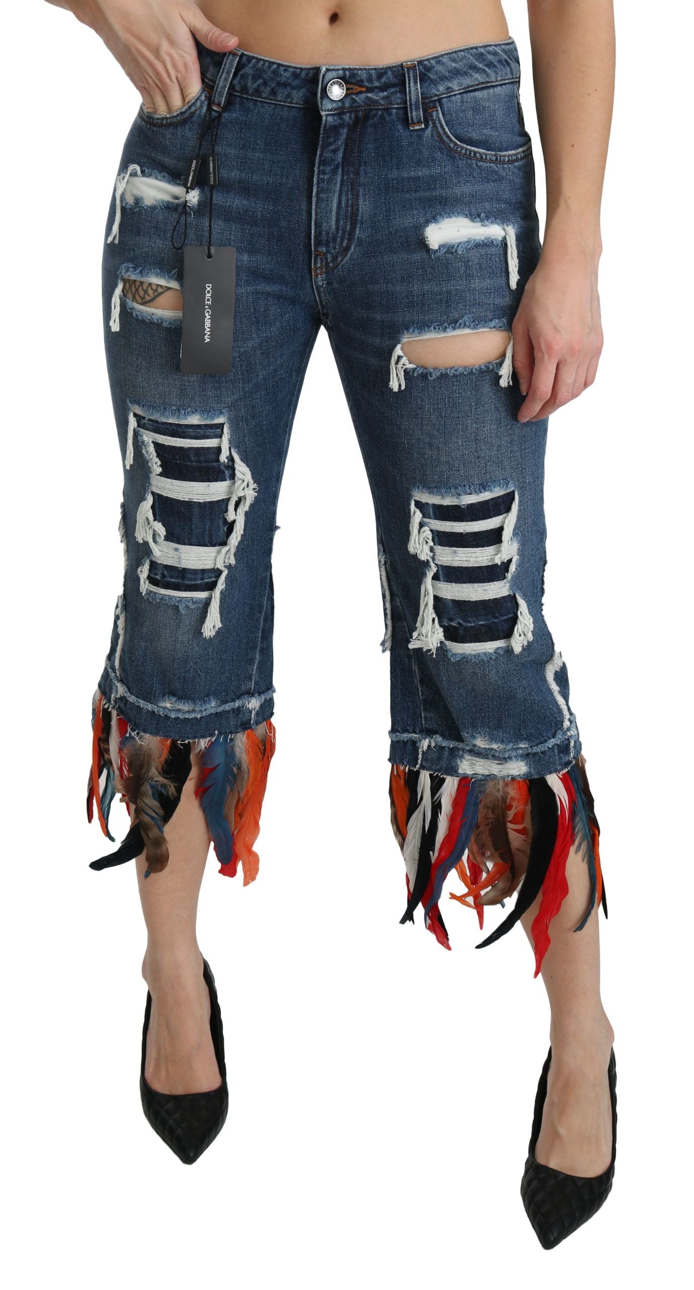 Dolce & Gabbana Blue Feathers Low Waist Cropped Cotton Jeans | Regal Royce