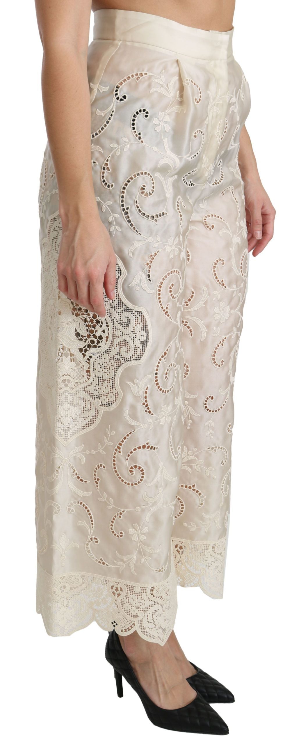 Dolce & Gabbana Cream Lace High Waist Palazzo Cropped Pants | Regal Royce
