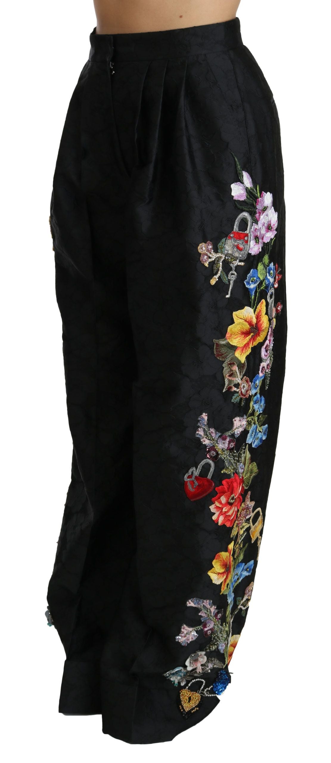 Dolce & Gabbana Black Brocade Floral Sequined Beaded Pants | Regal Royce