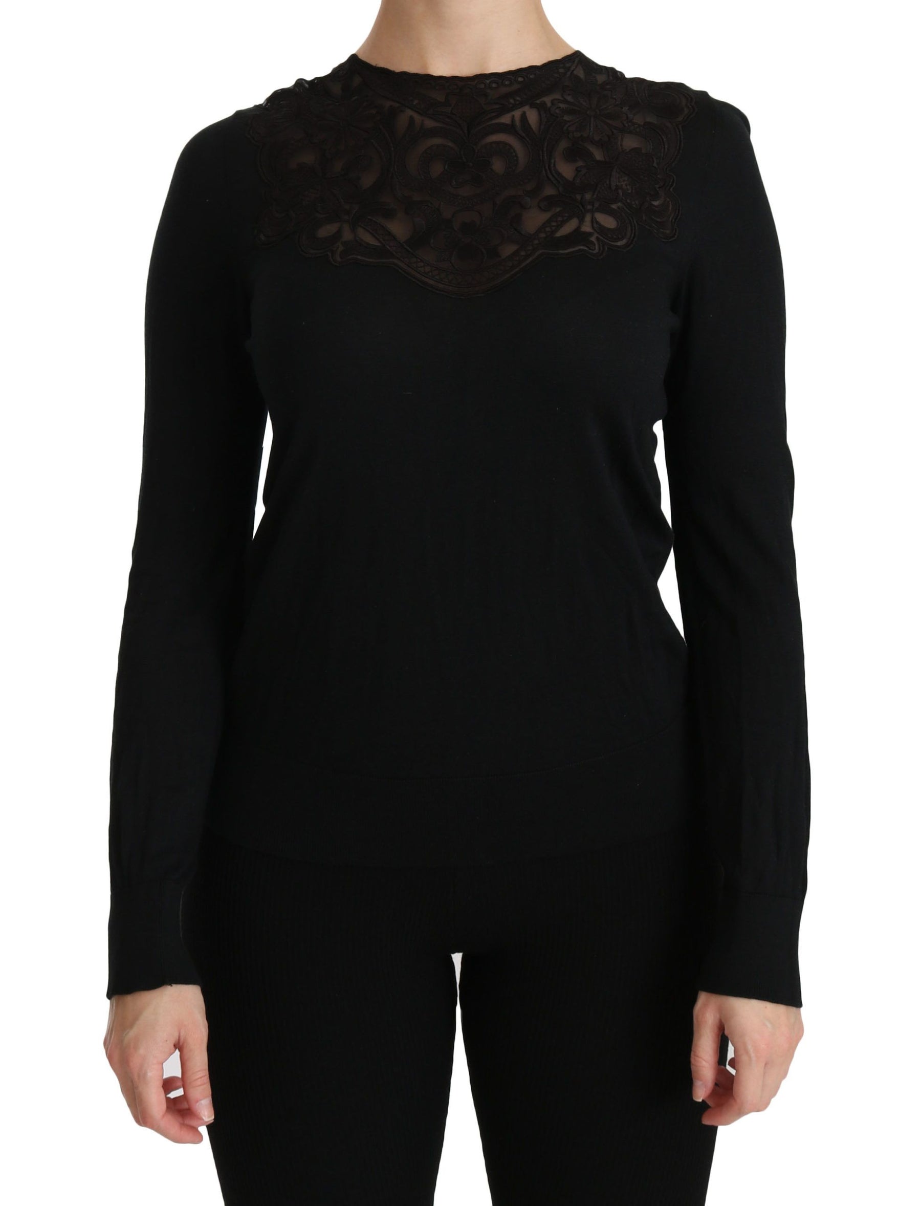 Dolce & Gabbana Black Silk Lace Crew Neck Long Sleeve Blouse | Regal Royce