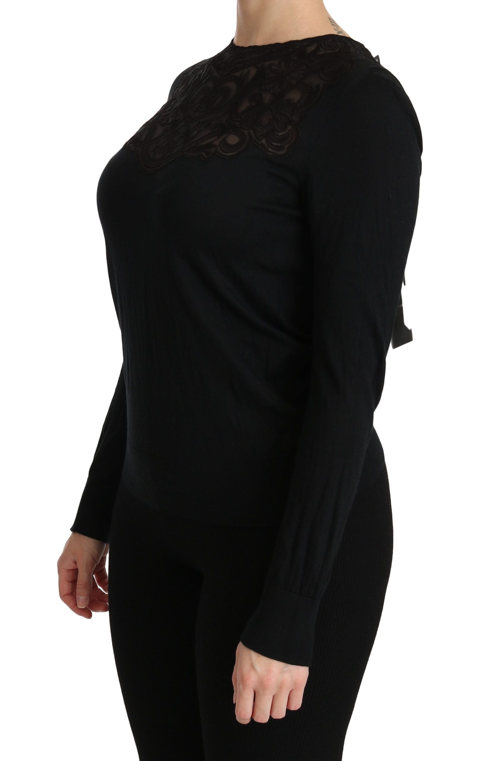 Dolce & Gabbana Black Silk Lace Crew Neck Long Sleeve Blouse | Regal Royce