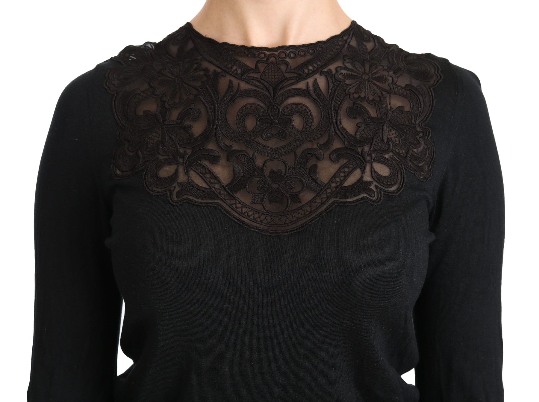 Dolce & Gabbana Black Silk Lace Crew Neck Long Sleeve Blouse | Regal Royce