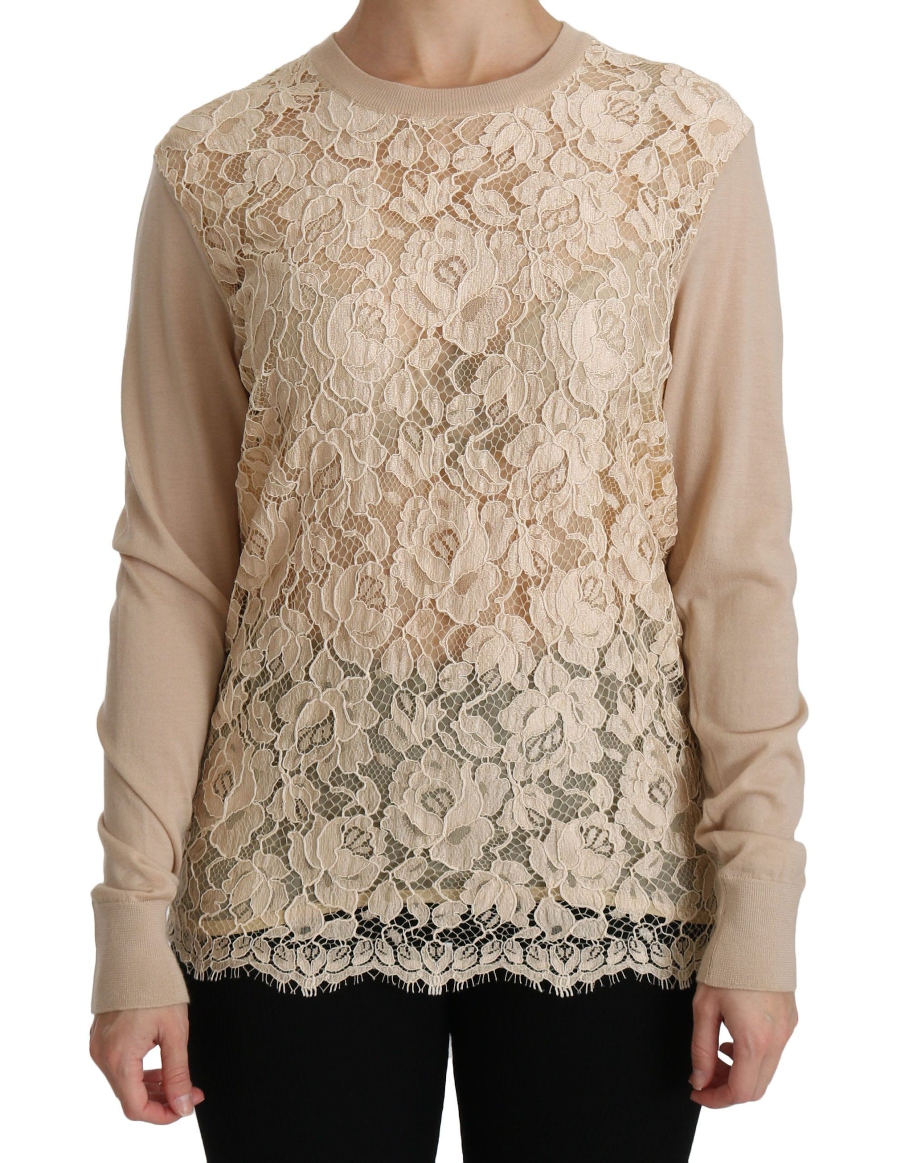 Dolce & Gabbana Beige Lace Long Sleeve Top Cashmere Blouse | Regal Royce