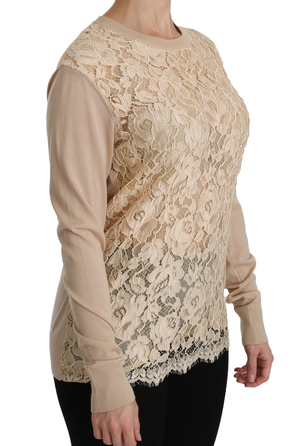 Dolce & Gabbana Beige Lace Long Sleeve Top Cashmere Blouse