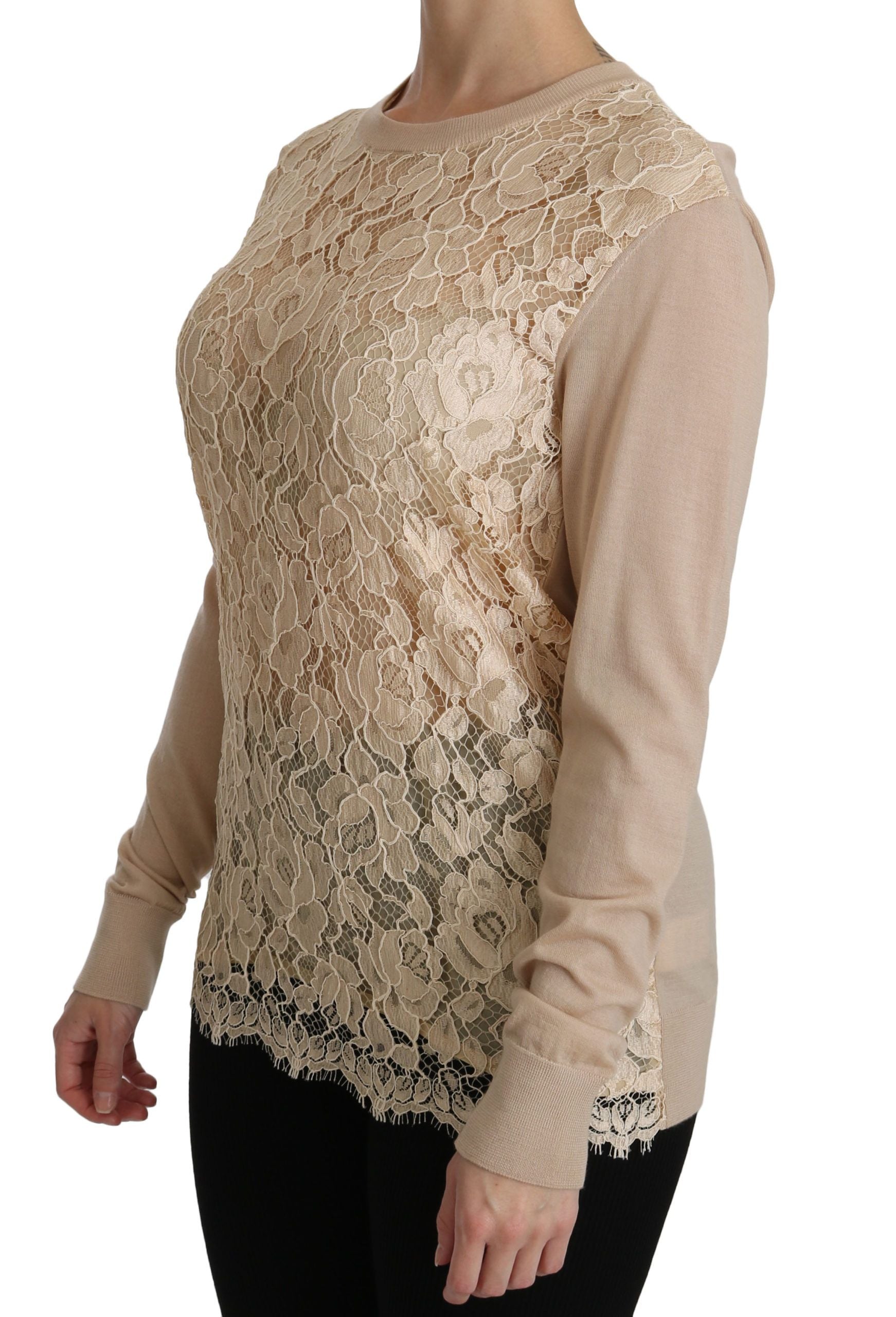 Dolce & Gabbana Beige Lace Long Sleeve Top Cashmere Blouse | Regal Royce
