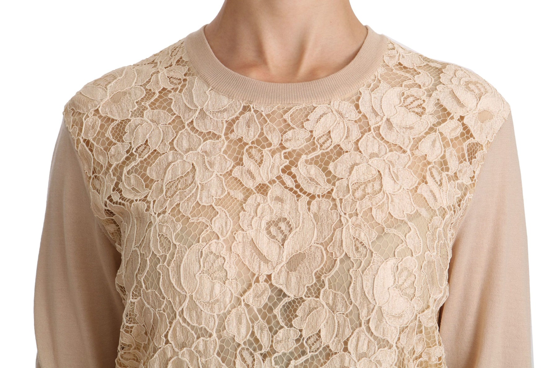 Dolce & Gabbana Beige Lace Long Sleeve Top Cashmere Blouse | Regal Royce