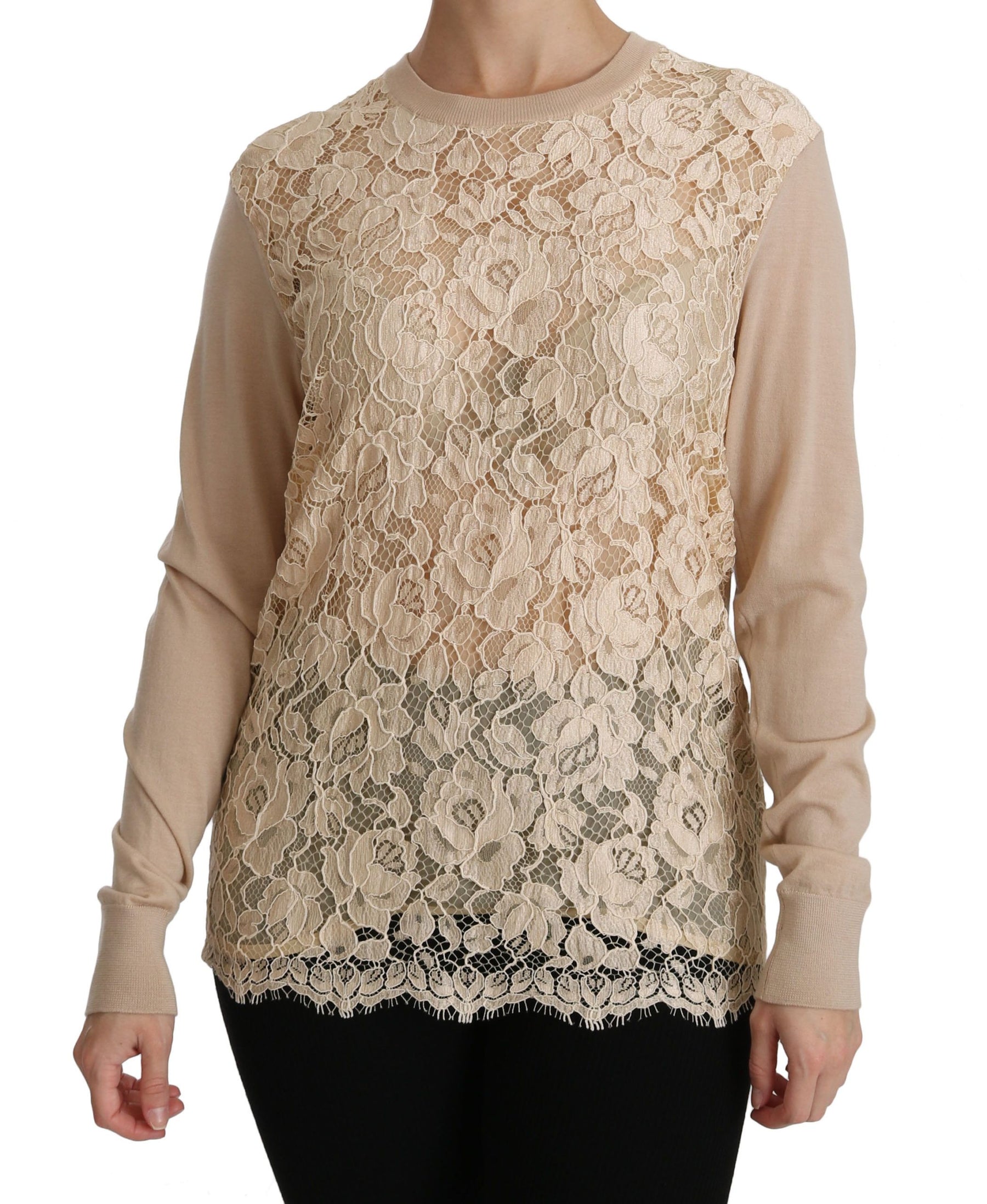 Dolce & Gabbana Beige Lace Long Sleeve Top Cashmere Blouse | Regal Royce