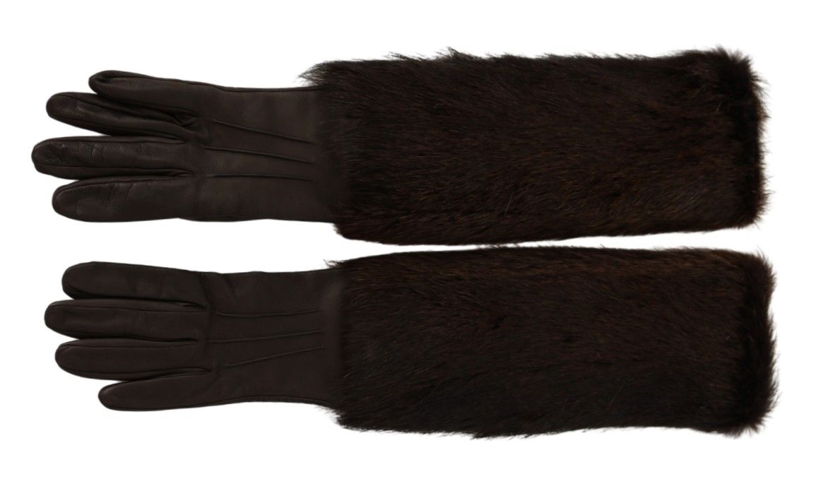 Dolce & Gabbana Brown Elbow Length Mittens Leather Fur Gloves | Regal Royce