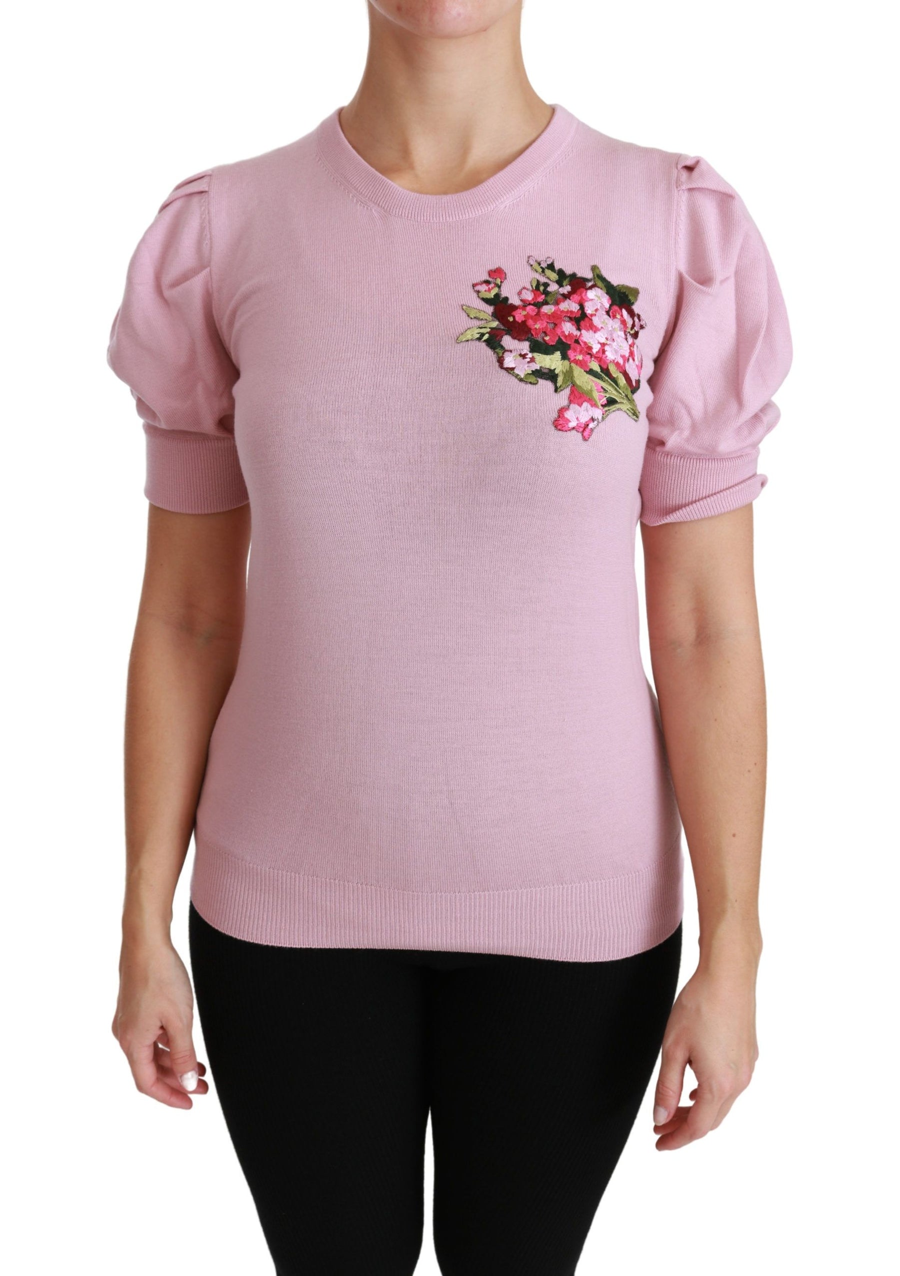 Dolce & Gabbana Pink Floral Embroidered Blouse Wool Top | Regal Royce