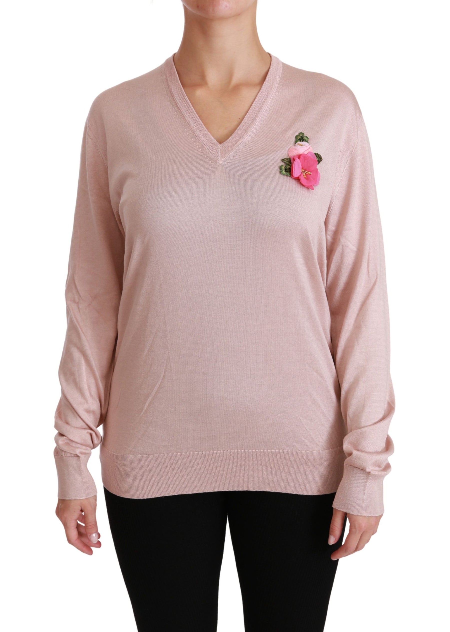 Dolce & Gabbana Pink Floral Embellished Pullover Silk Sweater | Regal Royce