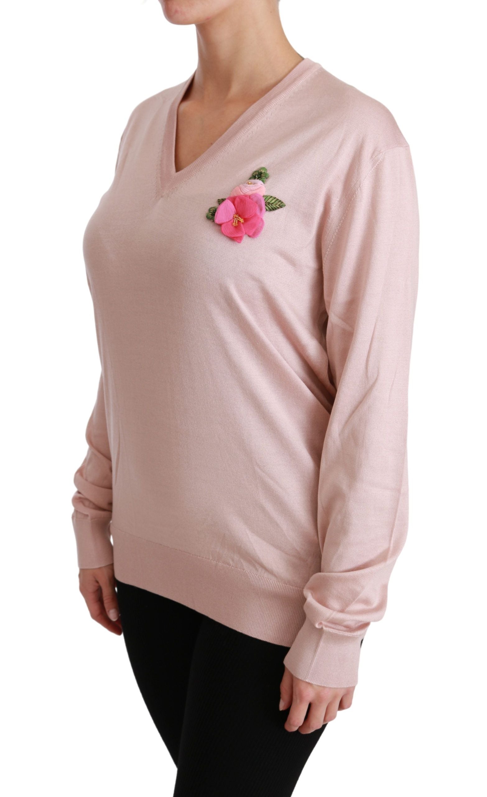 Dolce & Gabbana Pink Floral Embellished Pullover Silk Sweater | Regal Royce