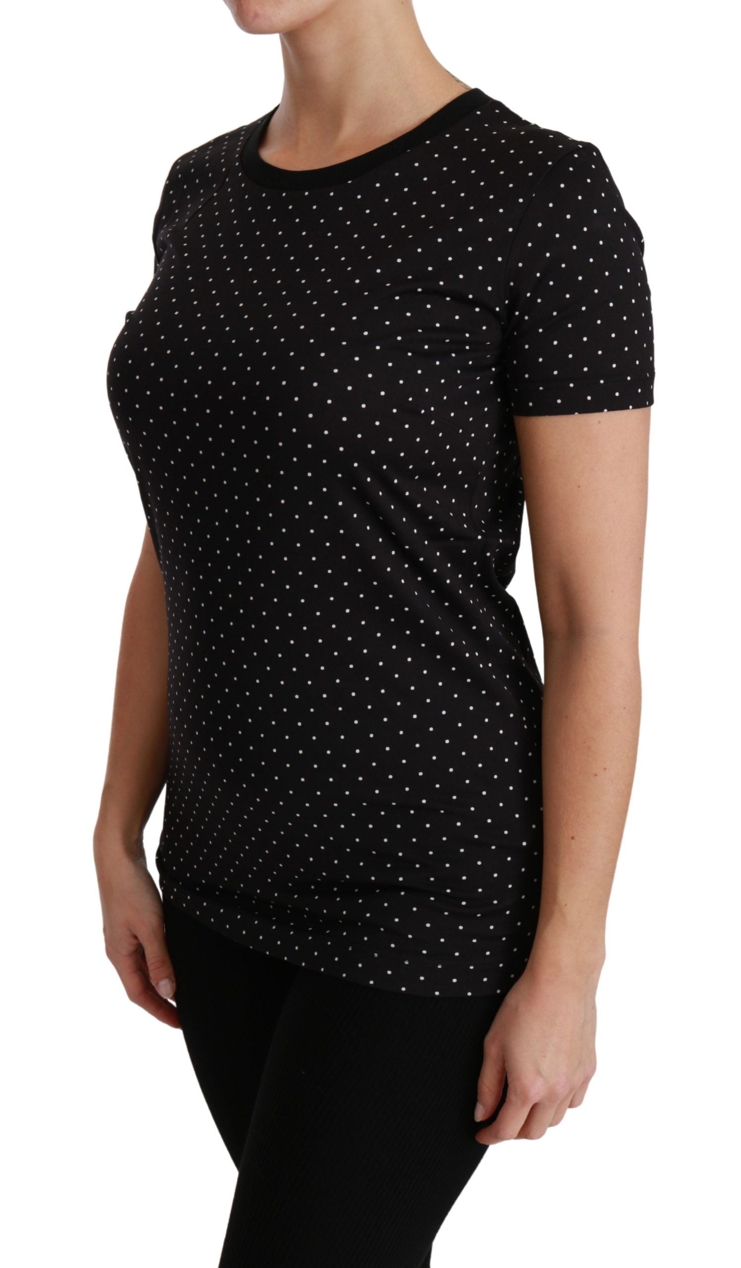 Dolce & Gabbana Black Dotted Crewneck Cotton Top T-shirt | Regal Royce