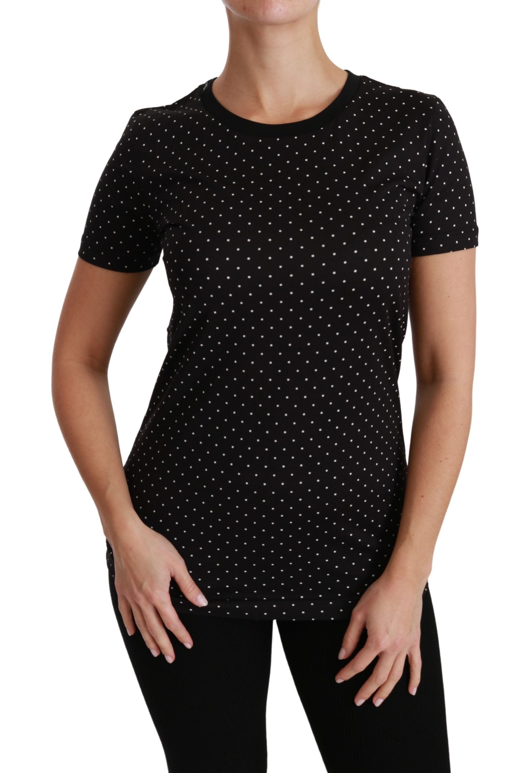 Dolce & Gabbana Black Dotted Crewneck Cotton Top T-shirt | Regal Royce
