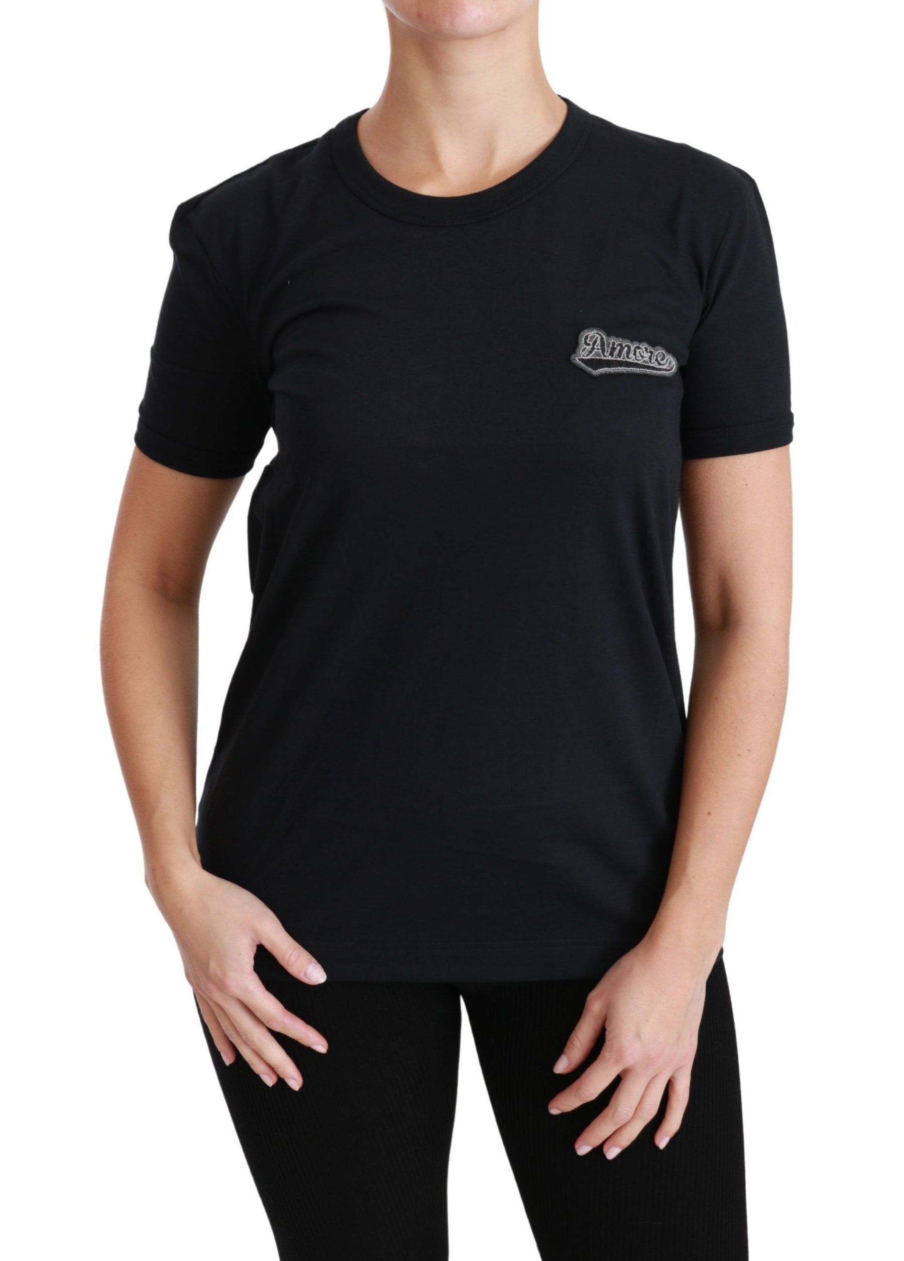 Dolce & Gabbana Blue Amore Patch Crewneck Cotton Top T-shirt | Regal Royce