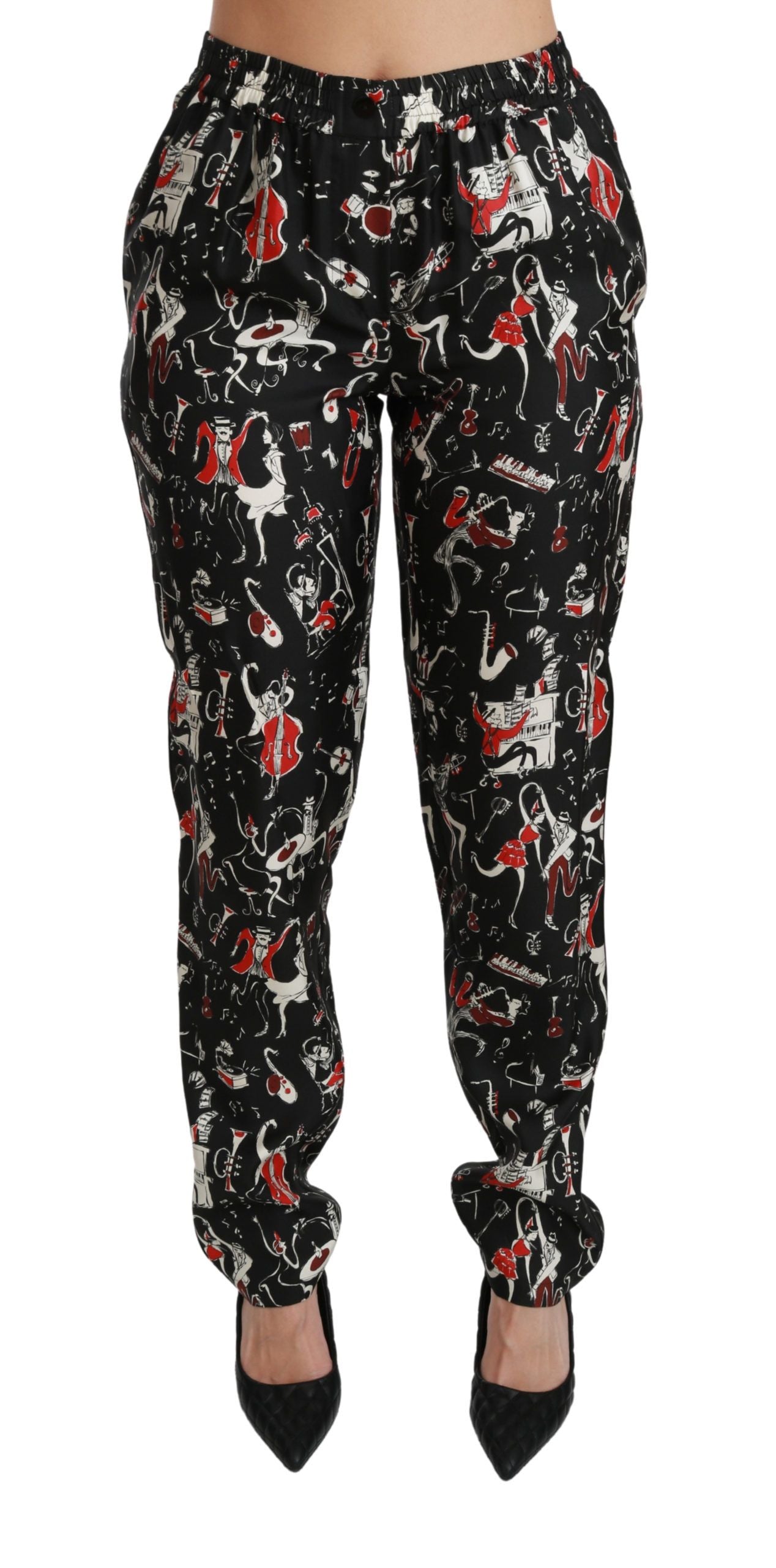 Dolce & Gabbana Black Silk Instrument Mid Waist Pants | Regal Royce