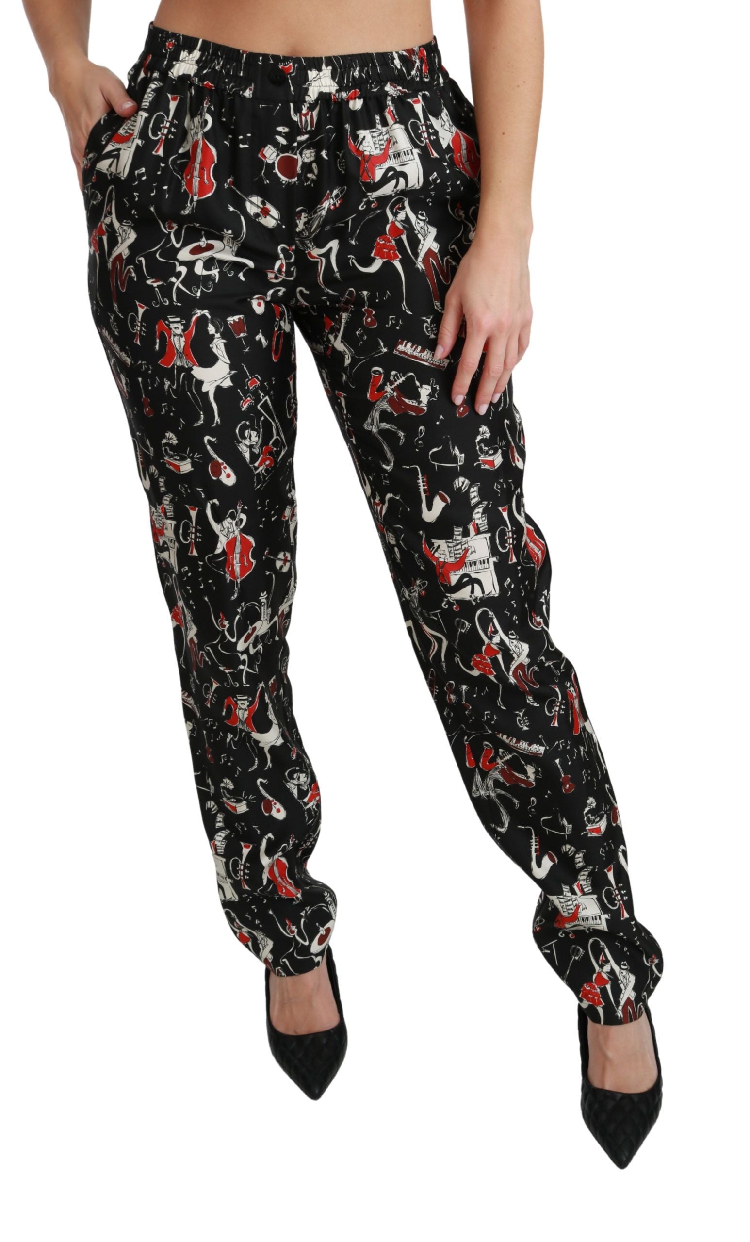 Dolce & Gabbana Black Silk Instrument Mid Waist Pants | Regal Royce