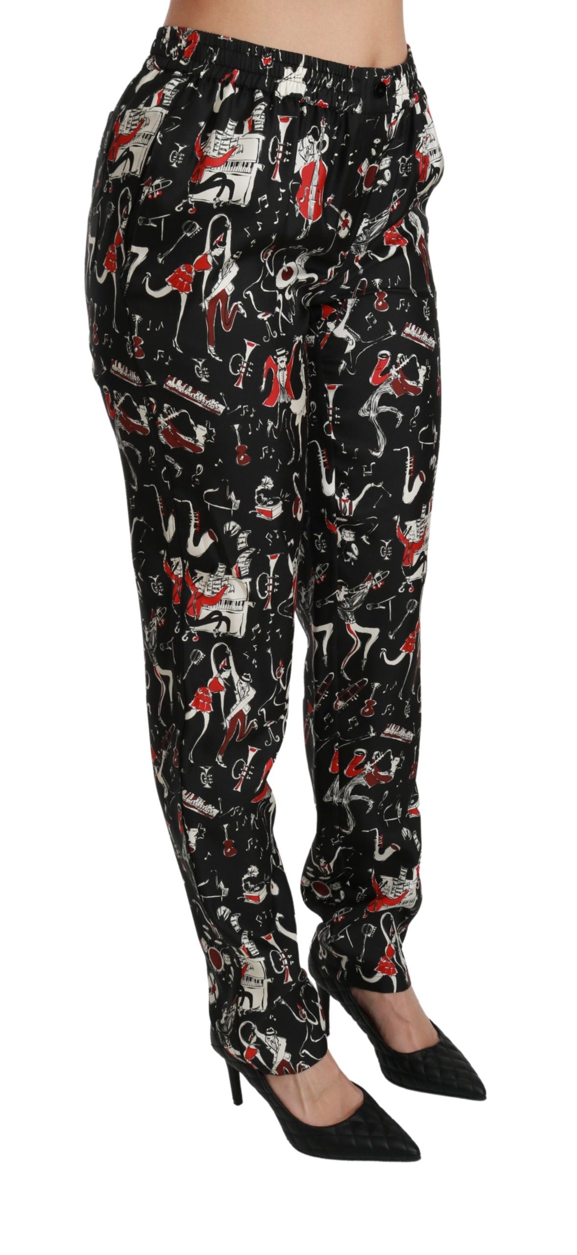 Dolce & Gabbana Black Silk Instrument Mid Waist Pants | Regal Royce