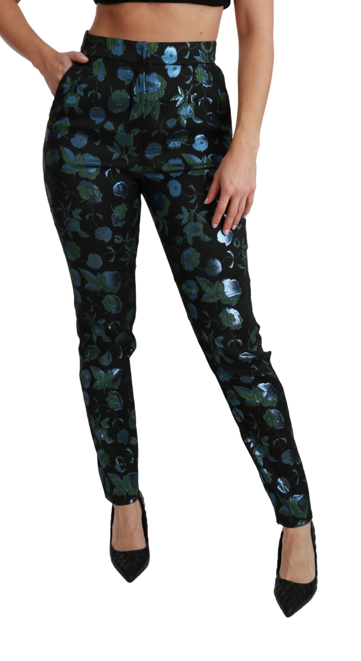 Dolce & Gabbana Blue Green Floral Metallic Slim Pants | Regal Royce