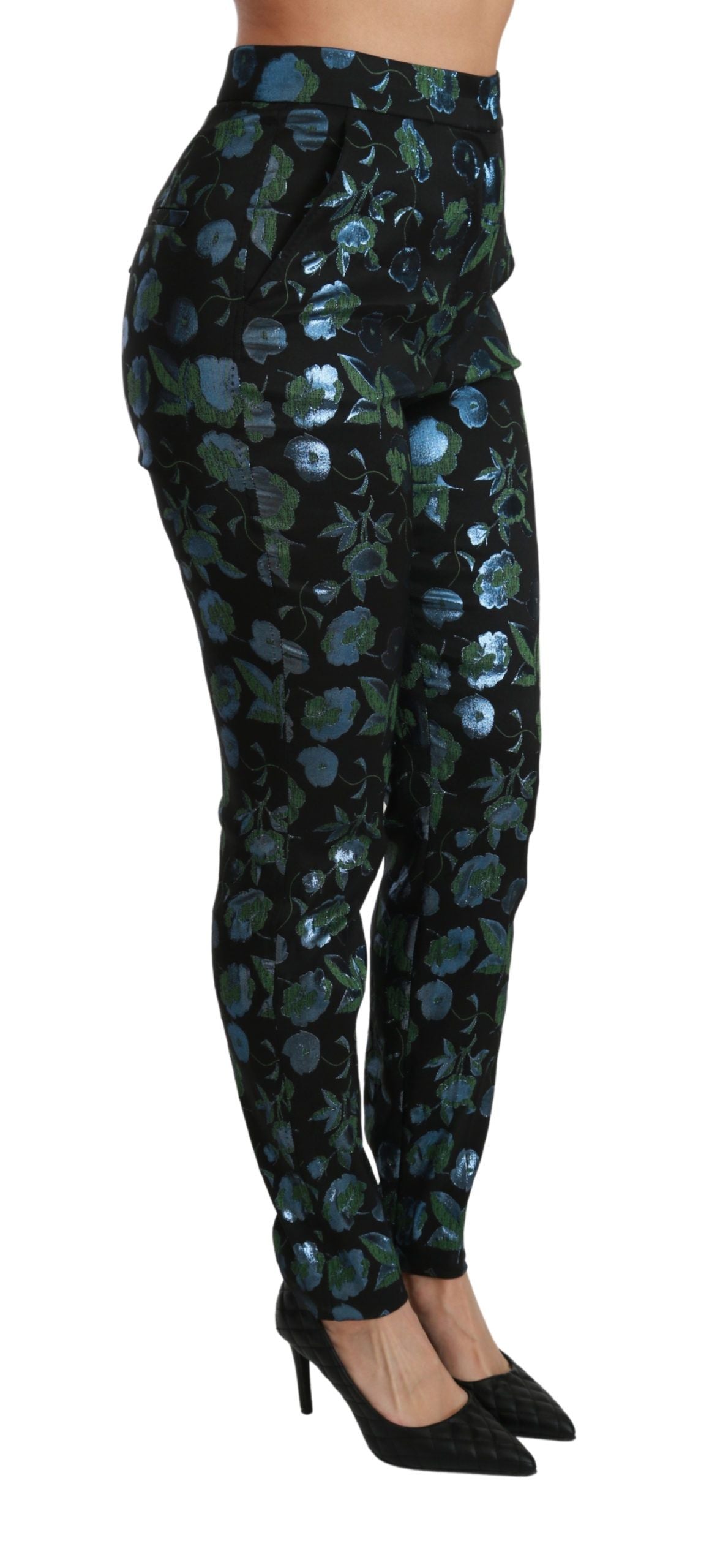 Dolce & Gabbana Blue Green Floral Metallic Slim Pants | Regal Royce