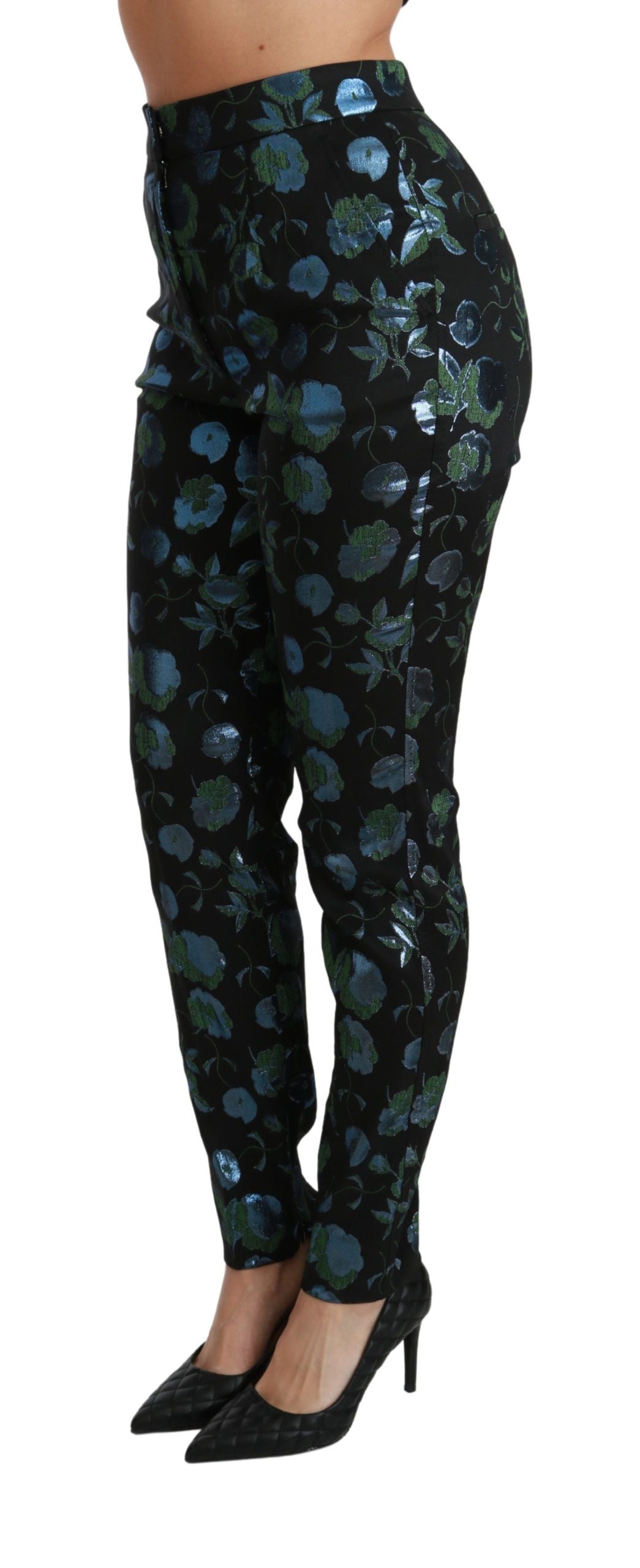 Dolce & Gabbana Blue Green Floral Metallic Slim Pants | Regal Royce