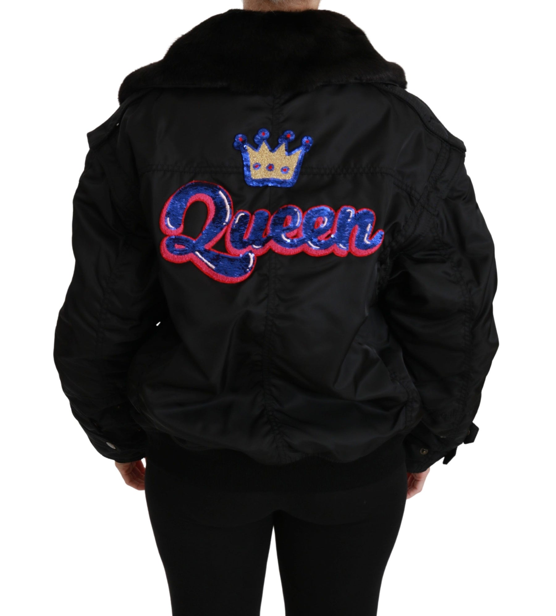Dolce & Gabbana Black Queen Crown Sequined Bomber Jacket | Regal Royce