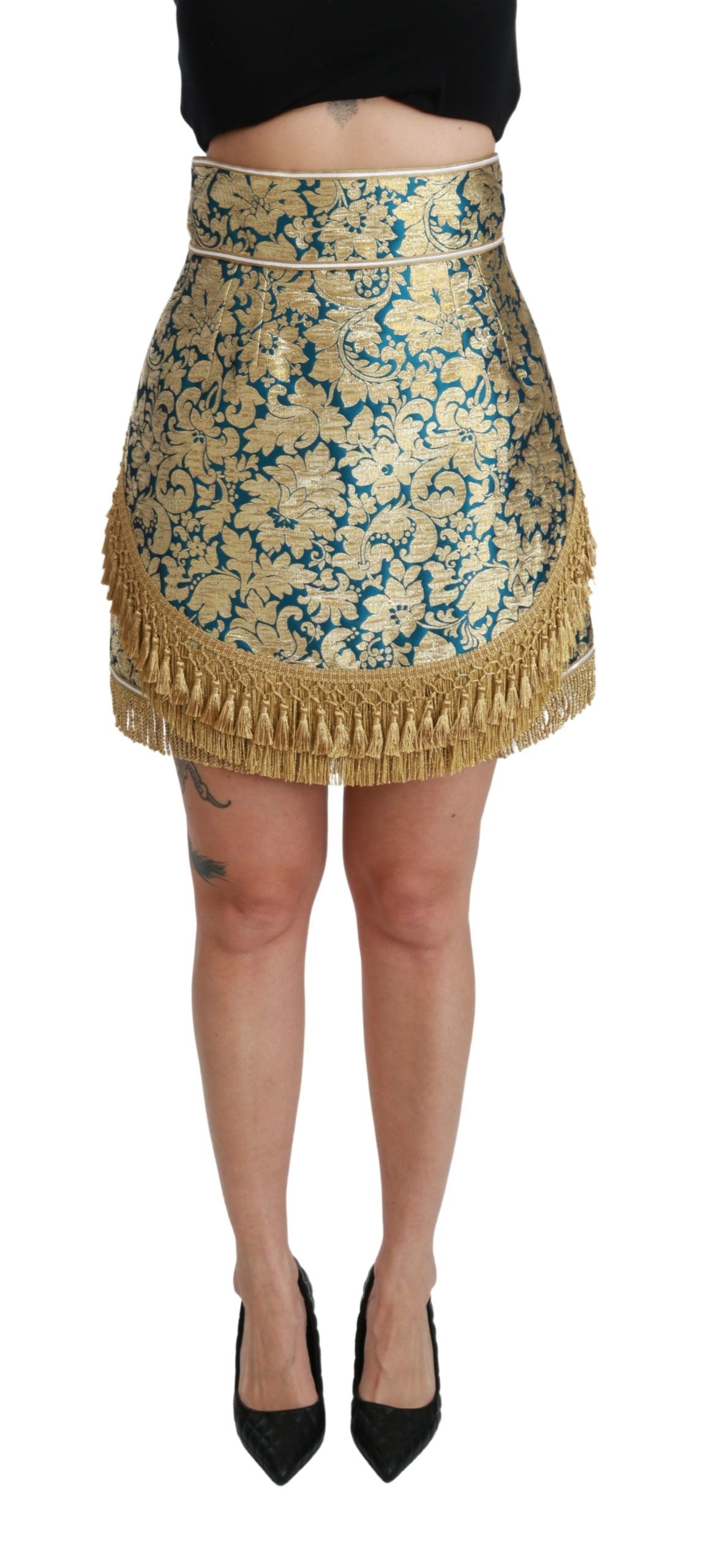 Dolce & Gabbana Blue High Waist Jacquard Tassel Gold Skirt | Regal Royce
