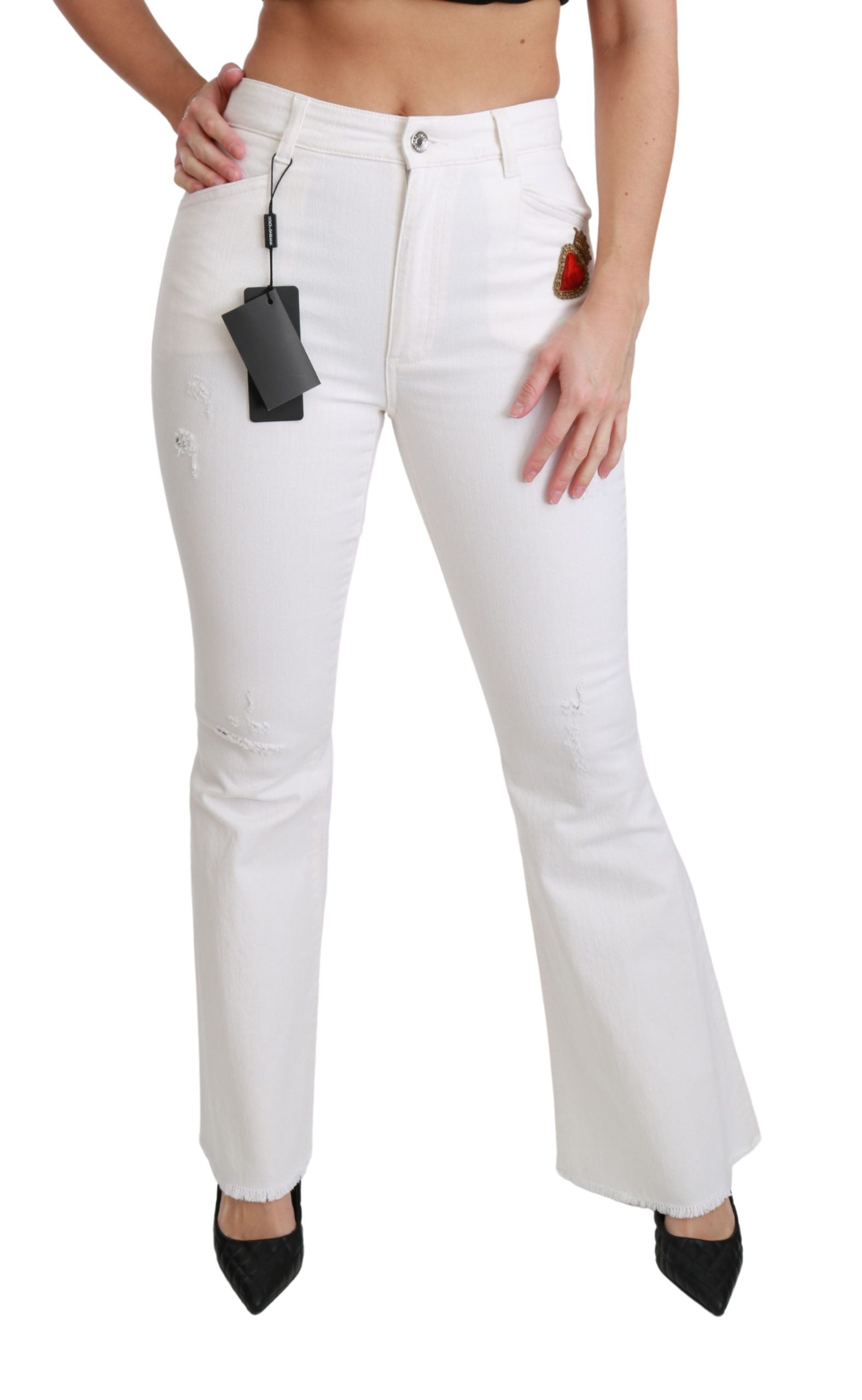 Dolce & Gabbana White Heart Flared Stretch Cotton Pants | Regal Royce