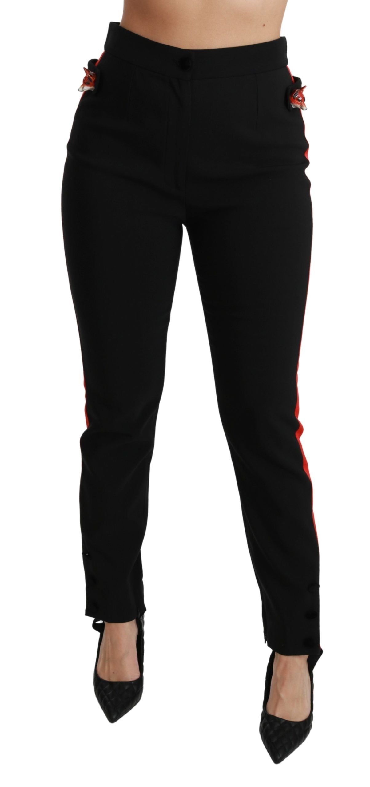 Dolce & Gabbana Black Skinny Stretch Fox Head Cotton Pants | Regal Royce