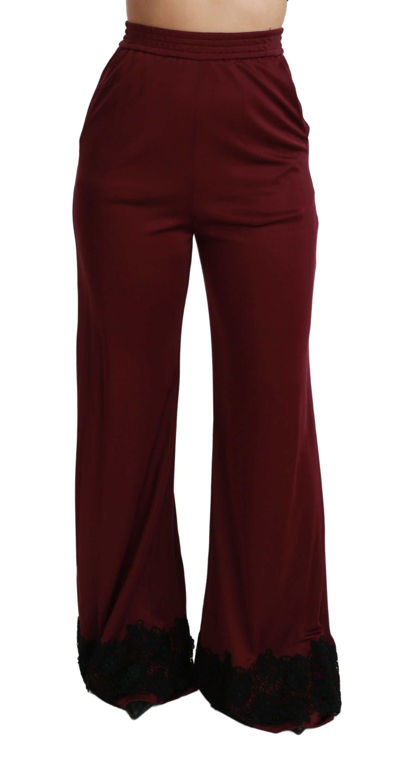 Dolce & Gabbana Black Lace High Waist Wide Leg Maroon  Pants | Regal Royce