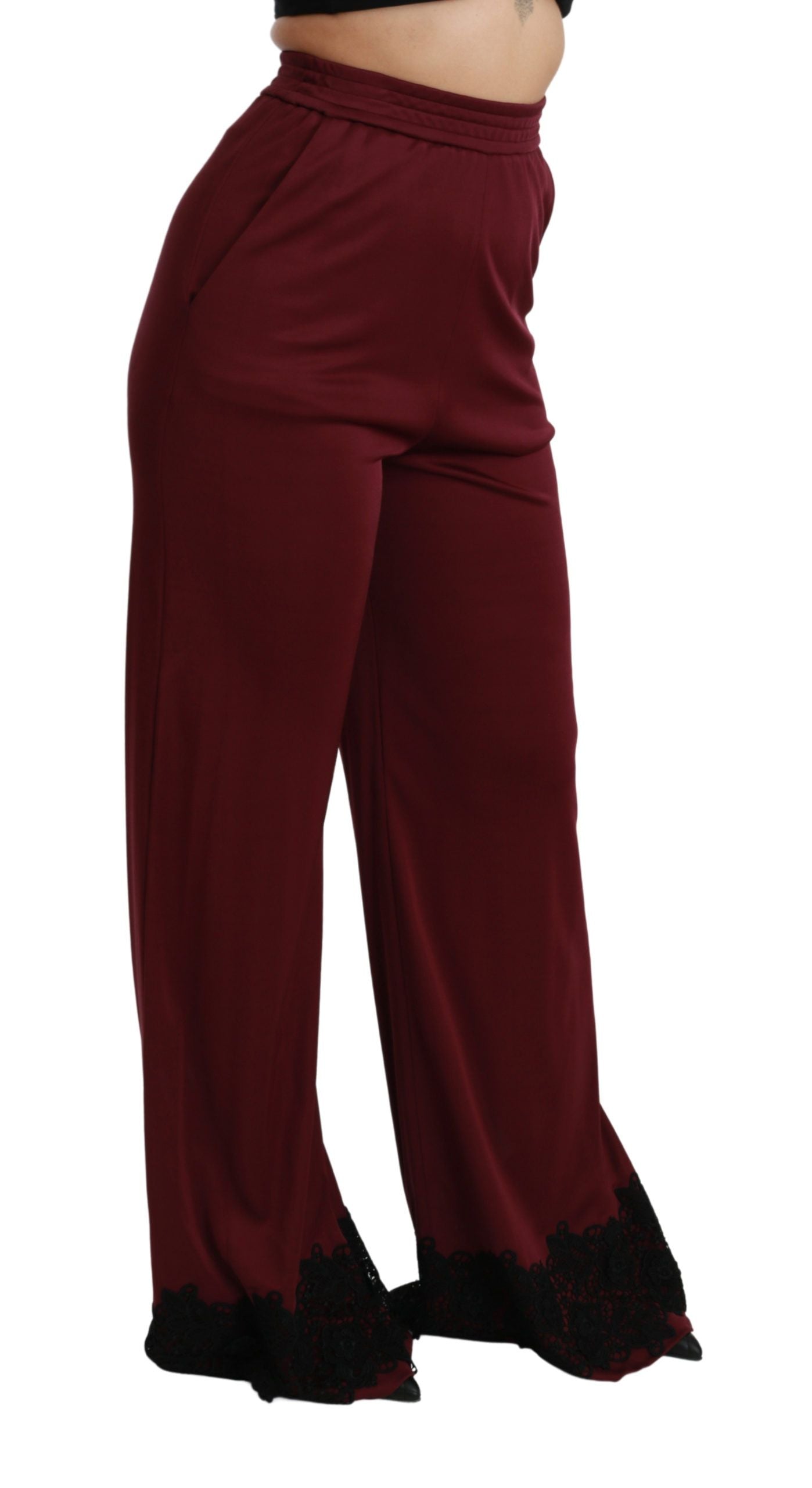 Dolce & Gabbana Black Lace High Waist Wide Leg Maroon  Pants | Regal Royce