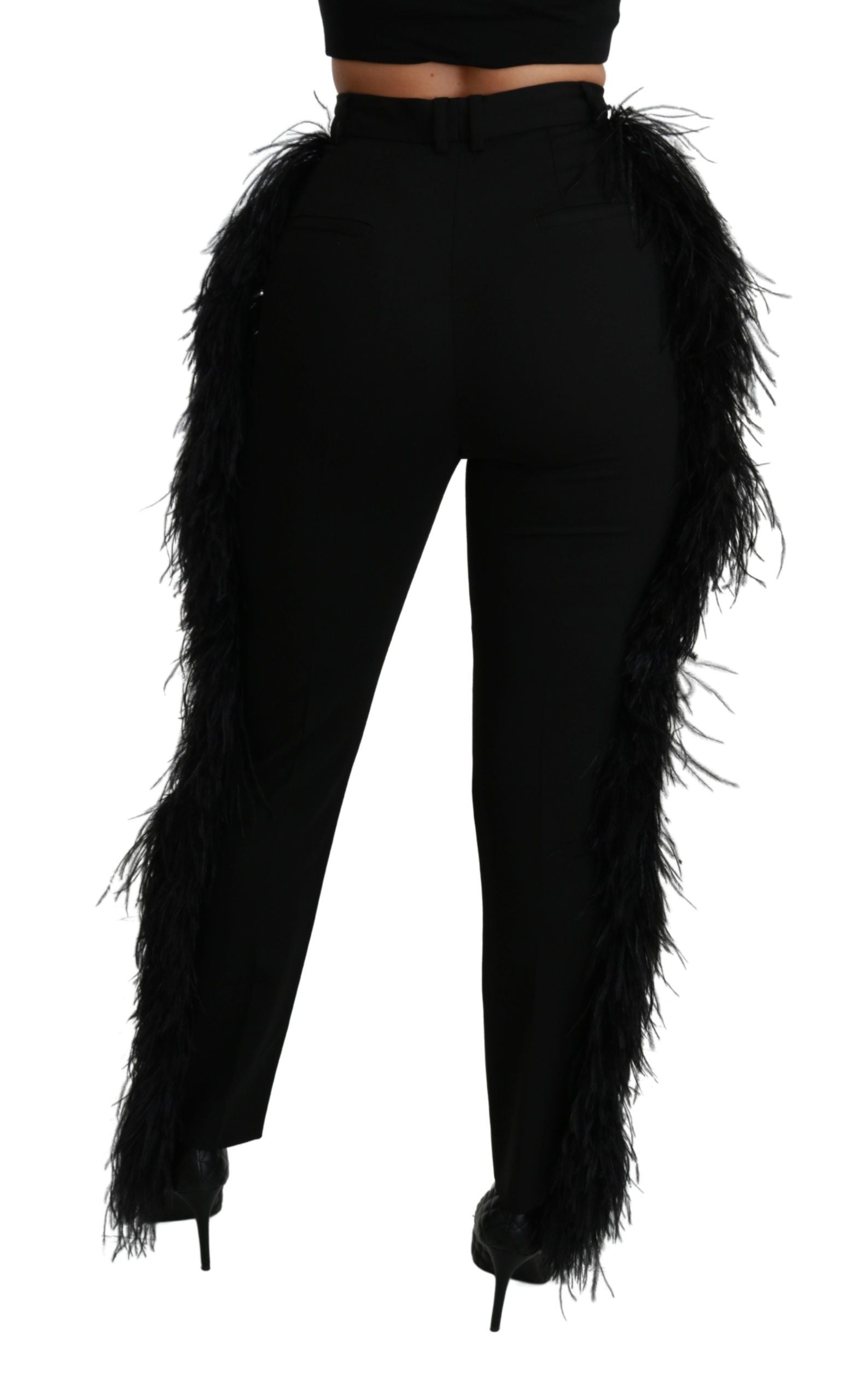 Dolce & Gabbana Black Feather Straight High Waist Wool Pants | Regal Royce