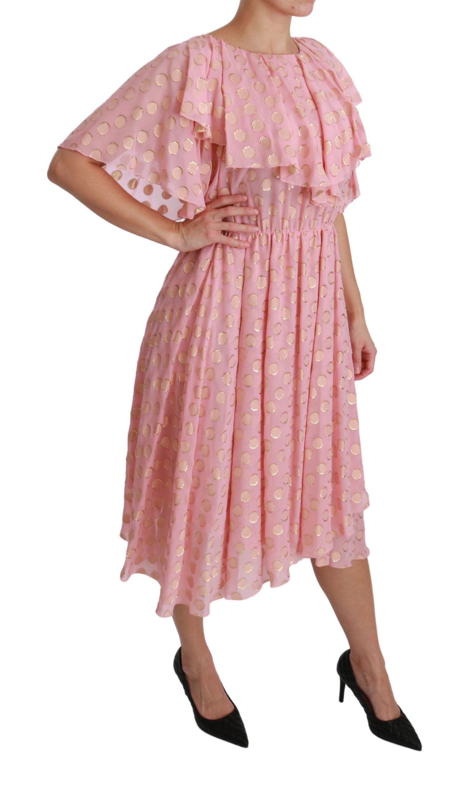 Dolce & Gabbana Silk Pink Polka Dots Pleated A-line Midi Dress | Regal Royce