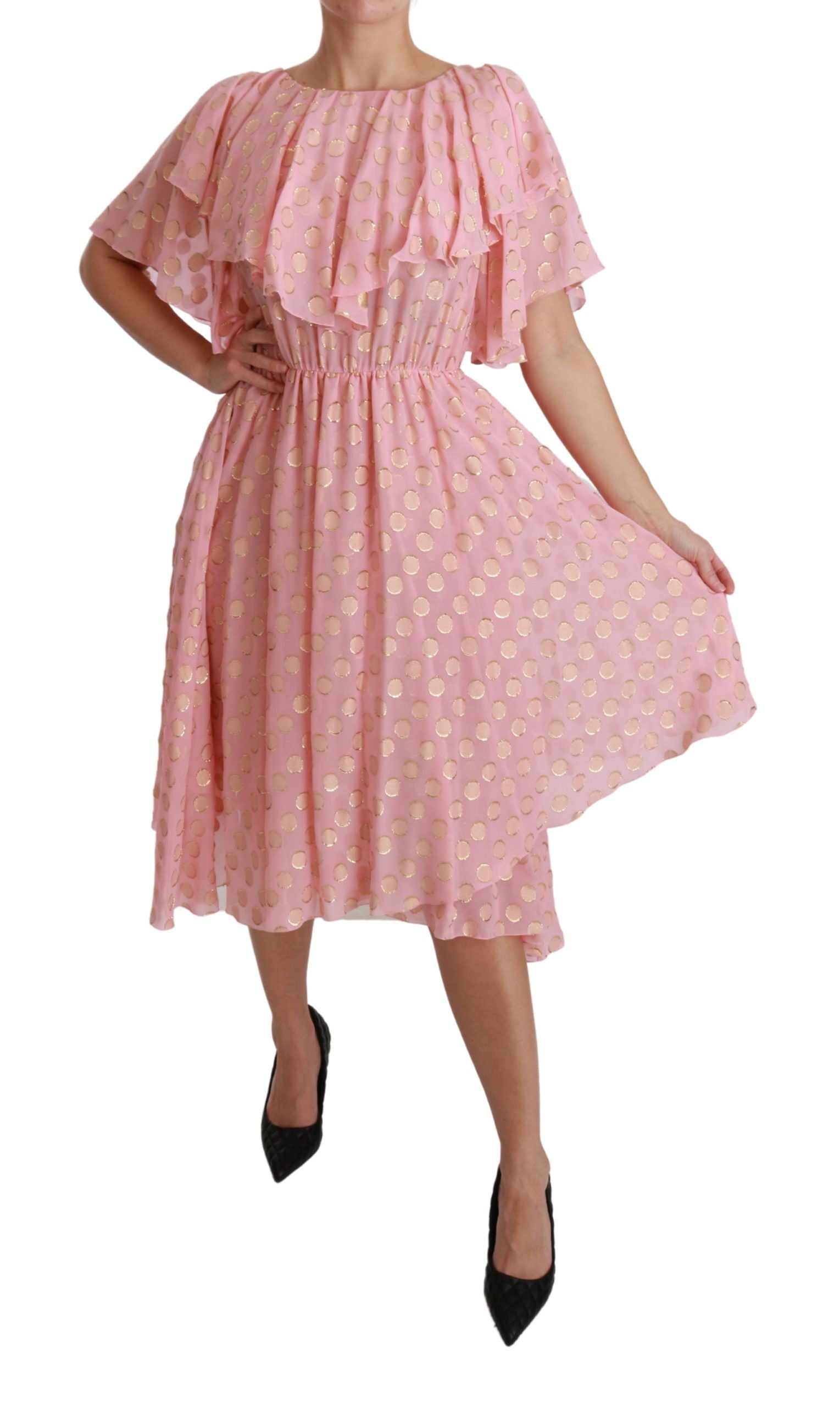Dolce & Gabbana Silk Pink Polka Dots Pleated A-line Midi Dress | Regal Royce