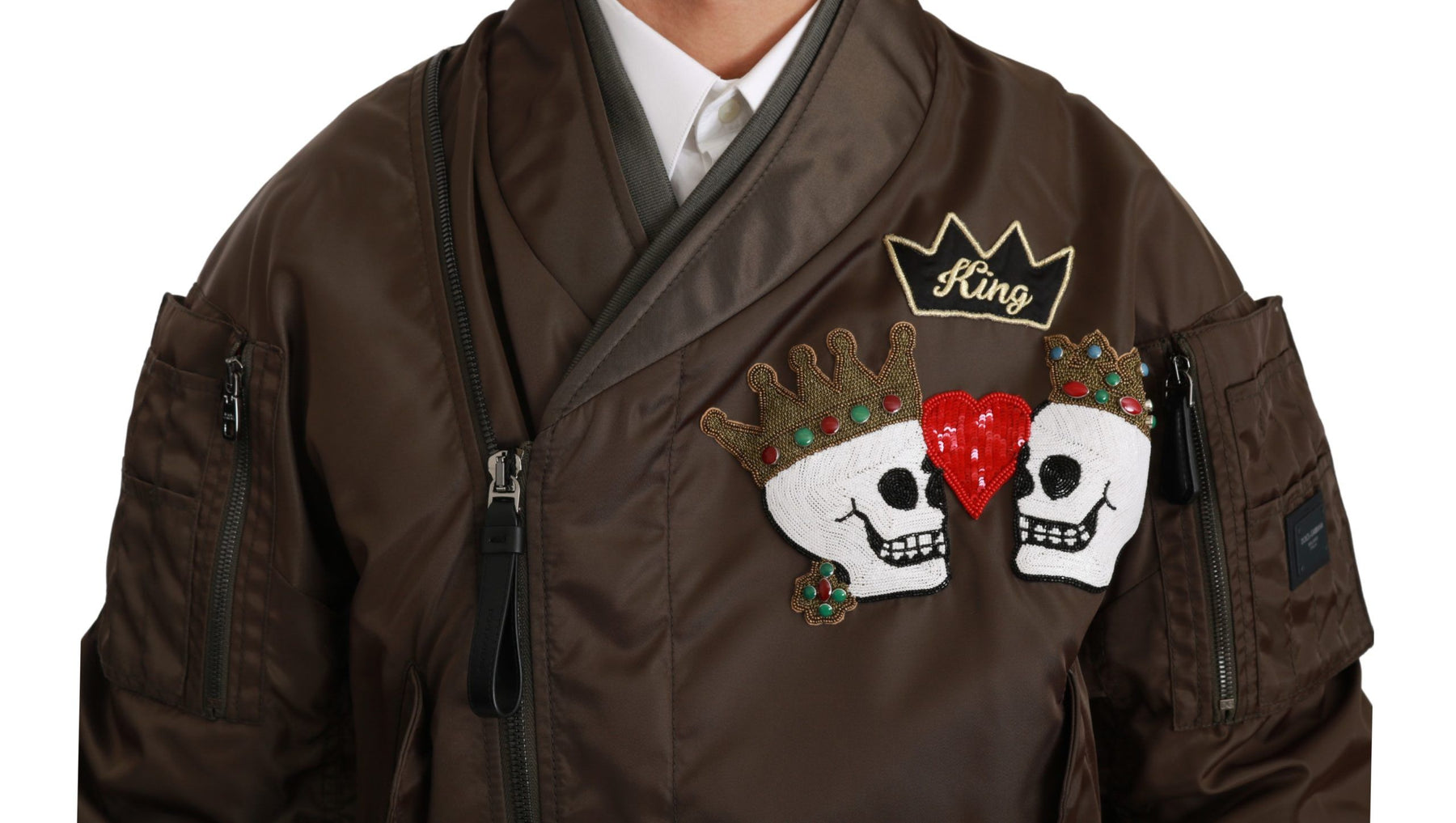 Dolce & Gabbana Brown Beaded Crown Skull Logo Jacket | Regal Royce