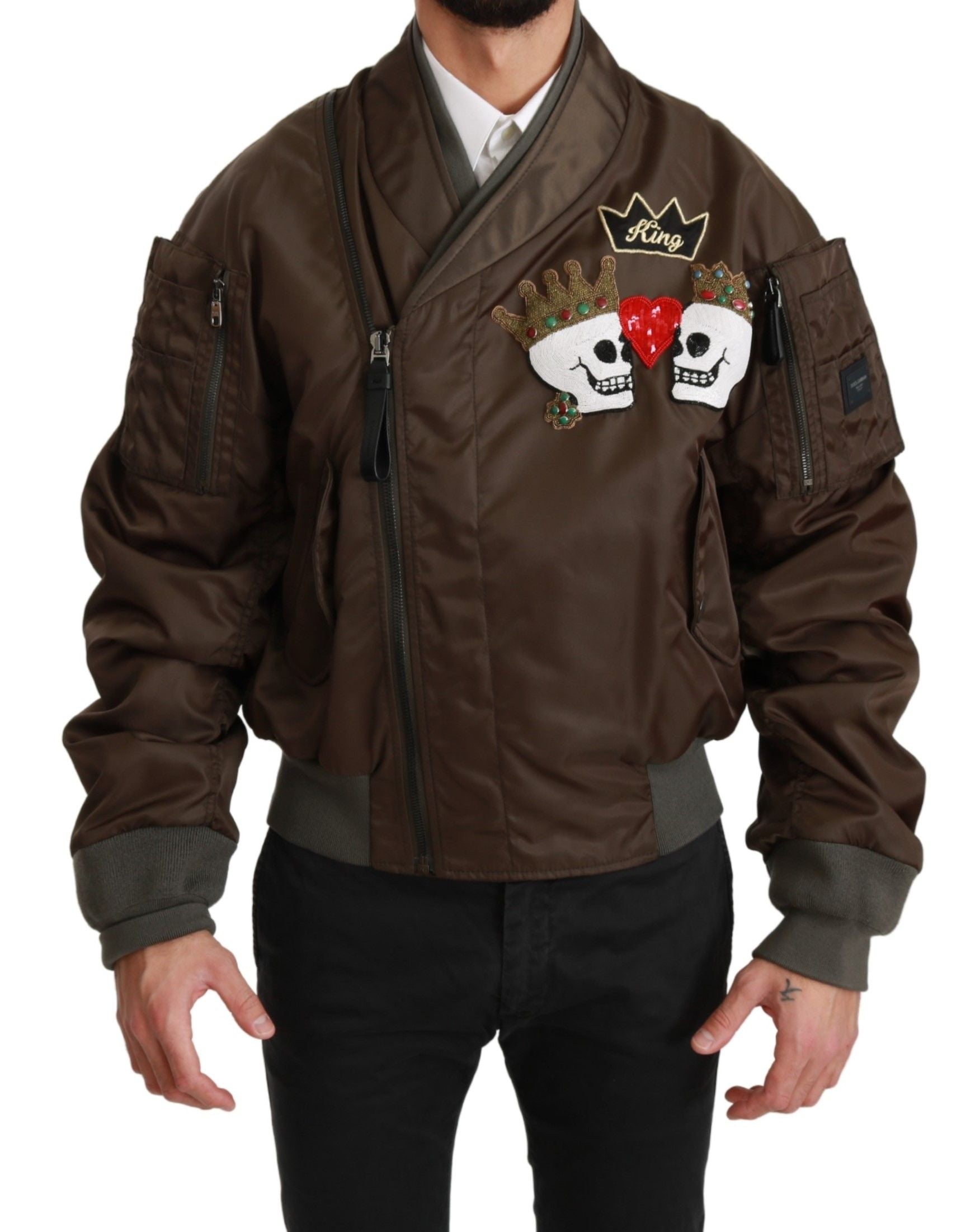 Dolce & Gabbana Brown Beaded Crown Skull Logo Jacket | Regal Royce