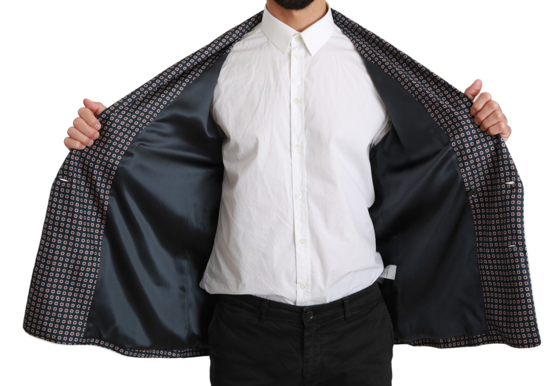 Dolce & Gabbana Navy Blue Patterned Double Breasted Coat Jacket | Regal Royce