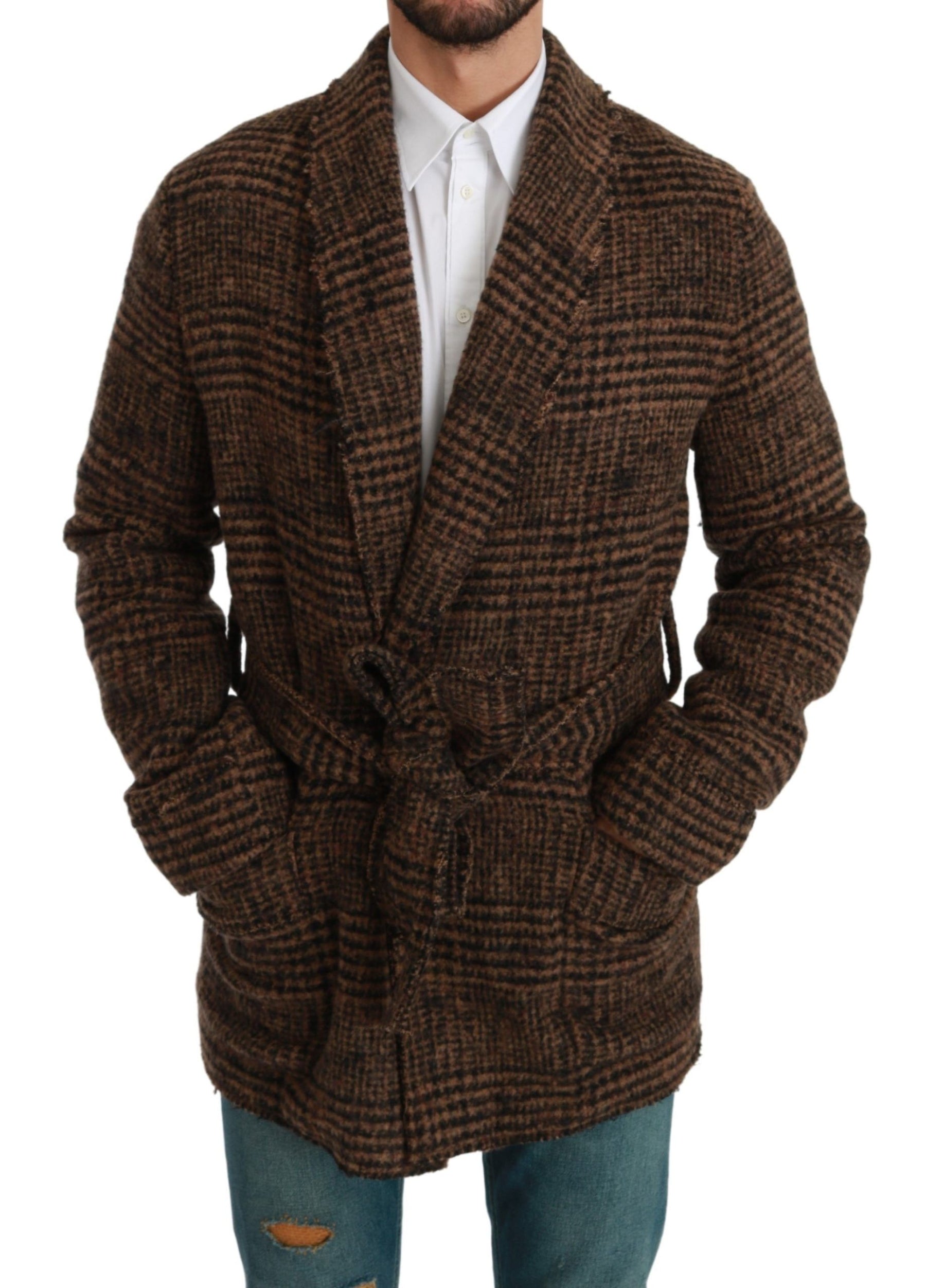 Dolce & Gabbana Brown Checkered Wool Robe Coat  Wrap Jacket | Regal Royce
