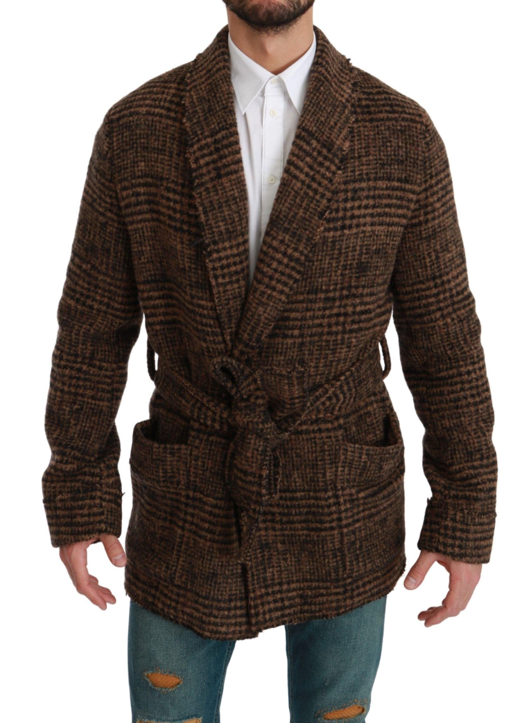 Dolce & Gabbana Brown Checkered Wool Robe Coat  Wrap Jacket | Regal Royce