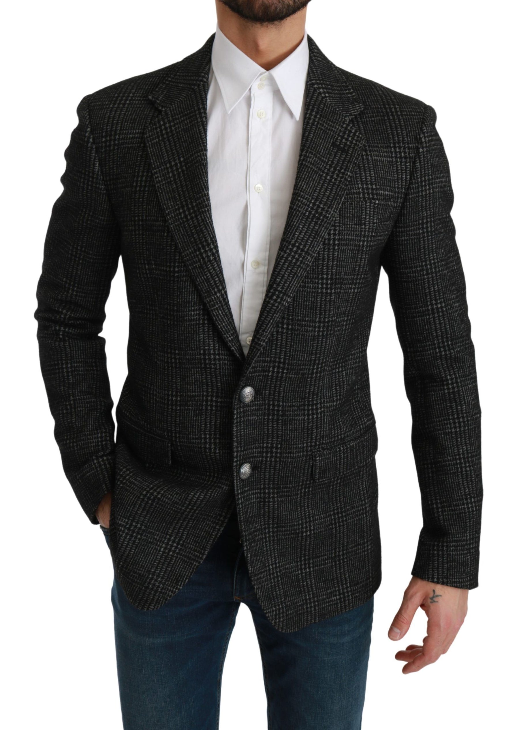 Dolce & Gabbana Gray Plaid Check Slim Fit Jacket Blazer | Regal Royce