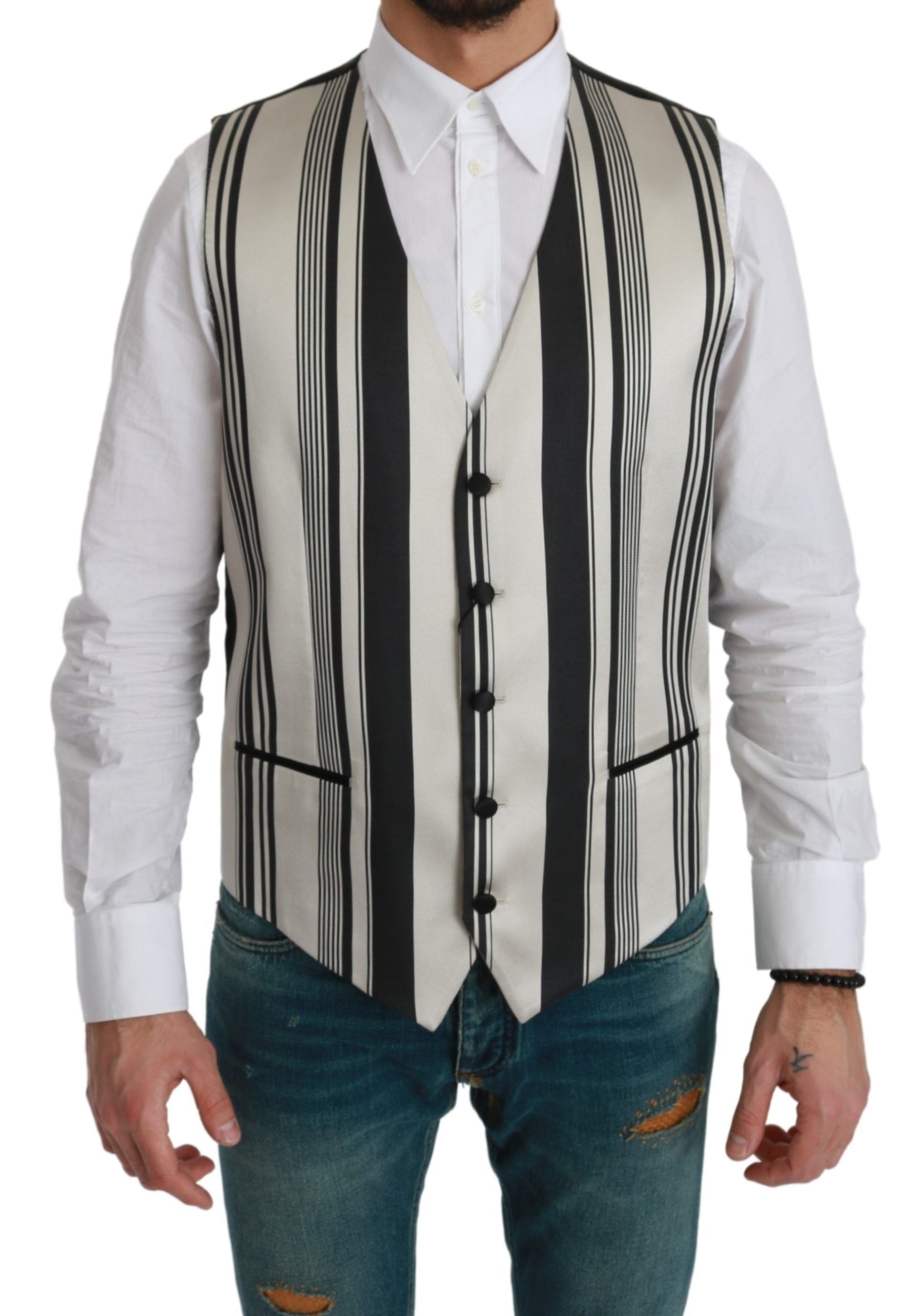 Dolce & Gabbana White Black Stripes Waistcoat Formal Vest | Regal Royce