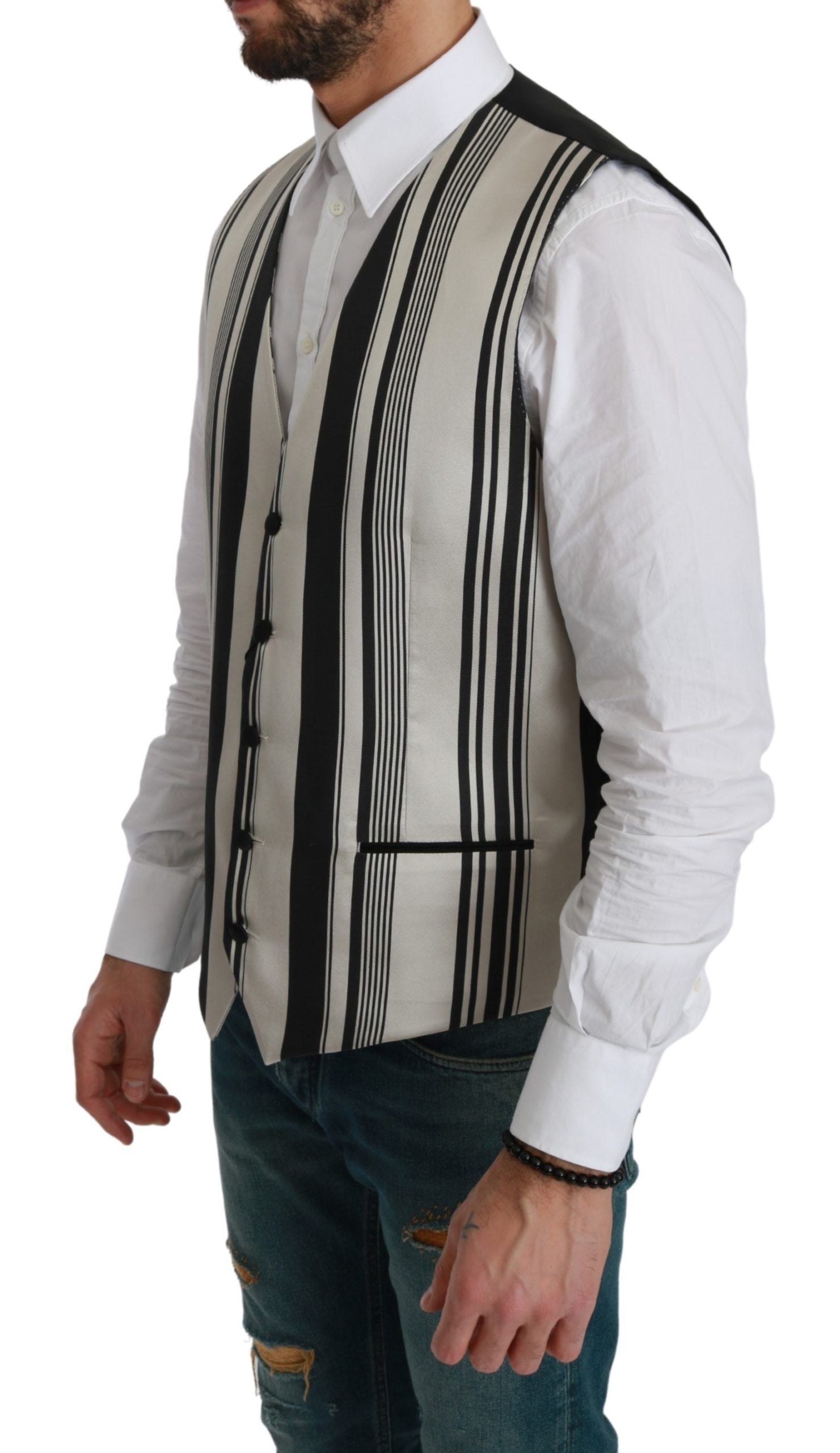 Dolce & Gabbana White Black Stripes Waistcoat Formal Vest | Regal Royce