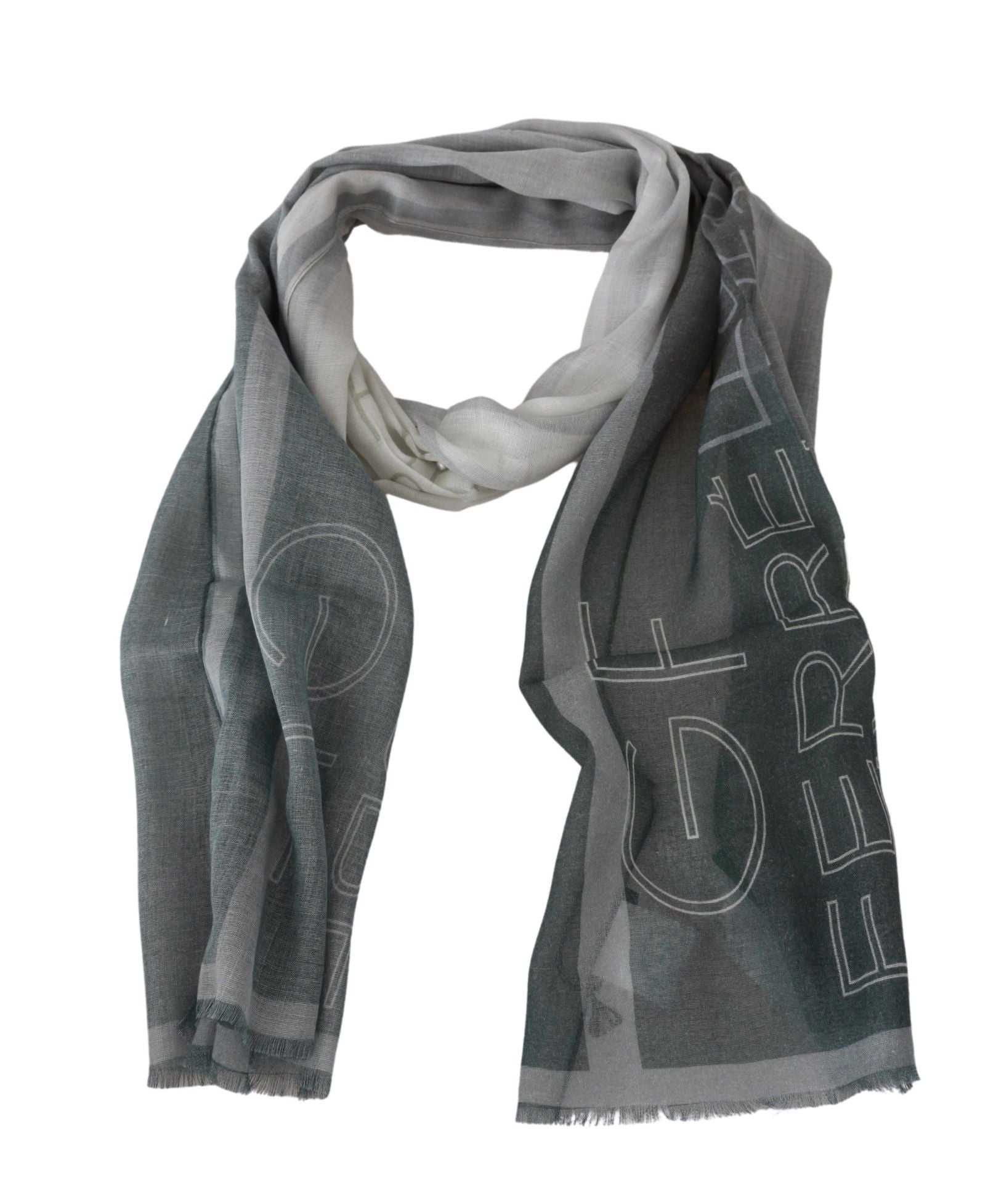 GF Ferre Gray Wool Viscose Foulard Patterned Branded Scarf | Regal Royce