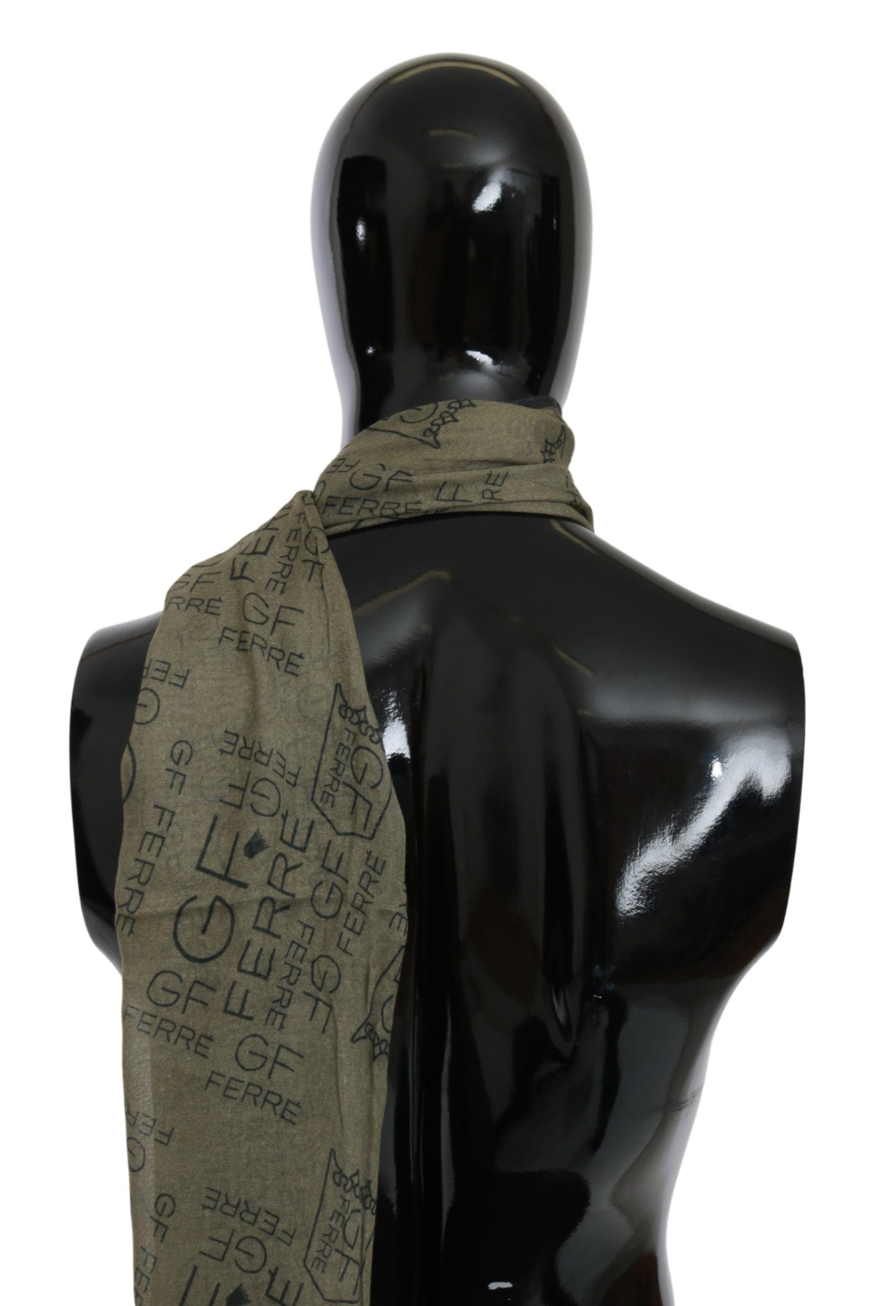 GF Ferre Green Wool Viscose Foulard Patterned Branded Scarf | Regal Royce