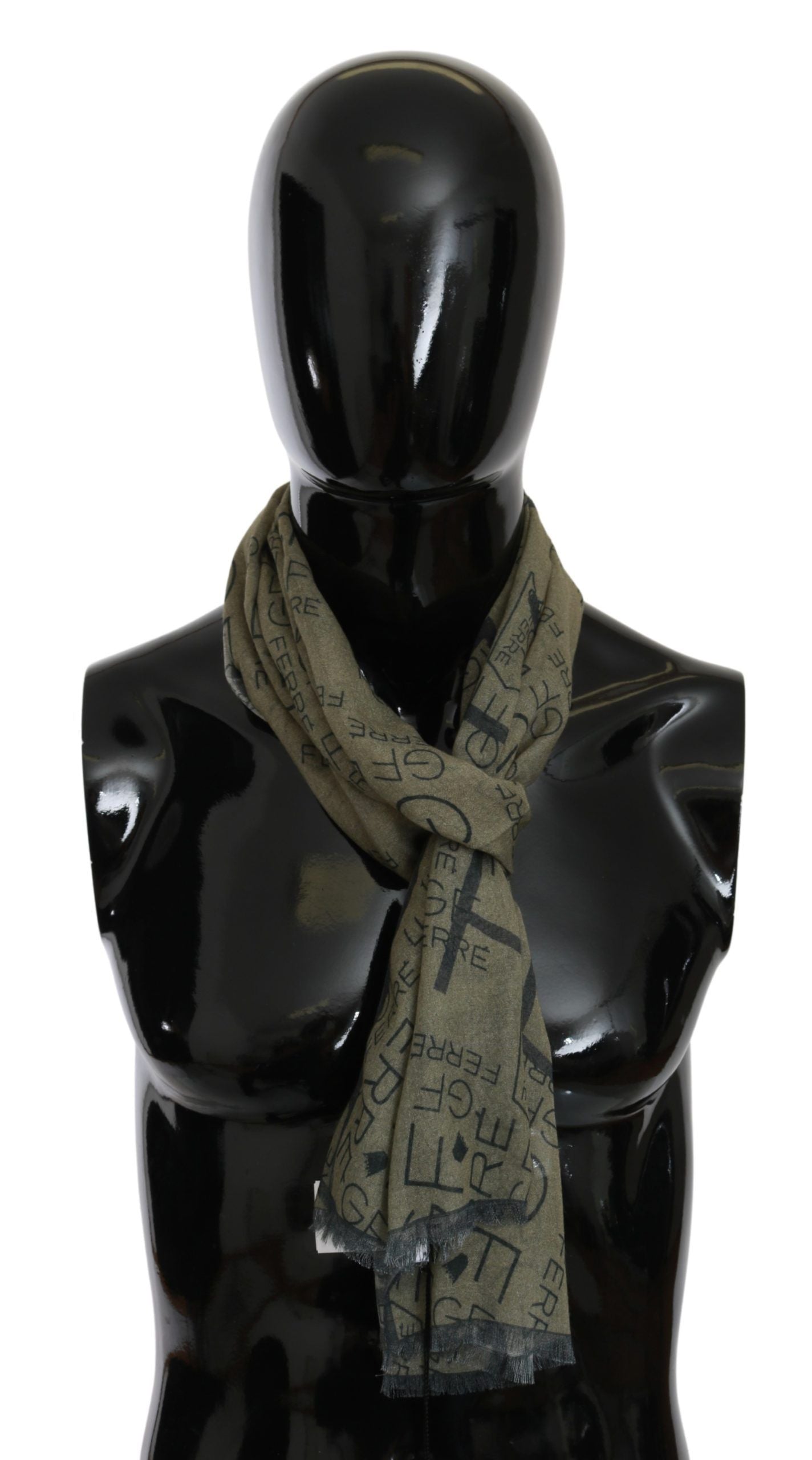 GF Ferre Green Wool Viscose Foulard Patterned Branded Scarf | Regal Royce