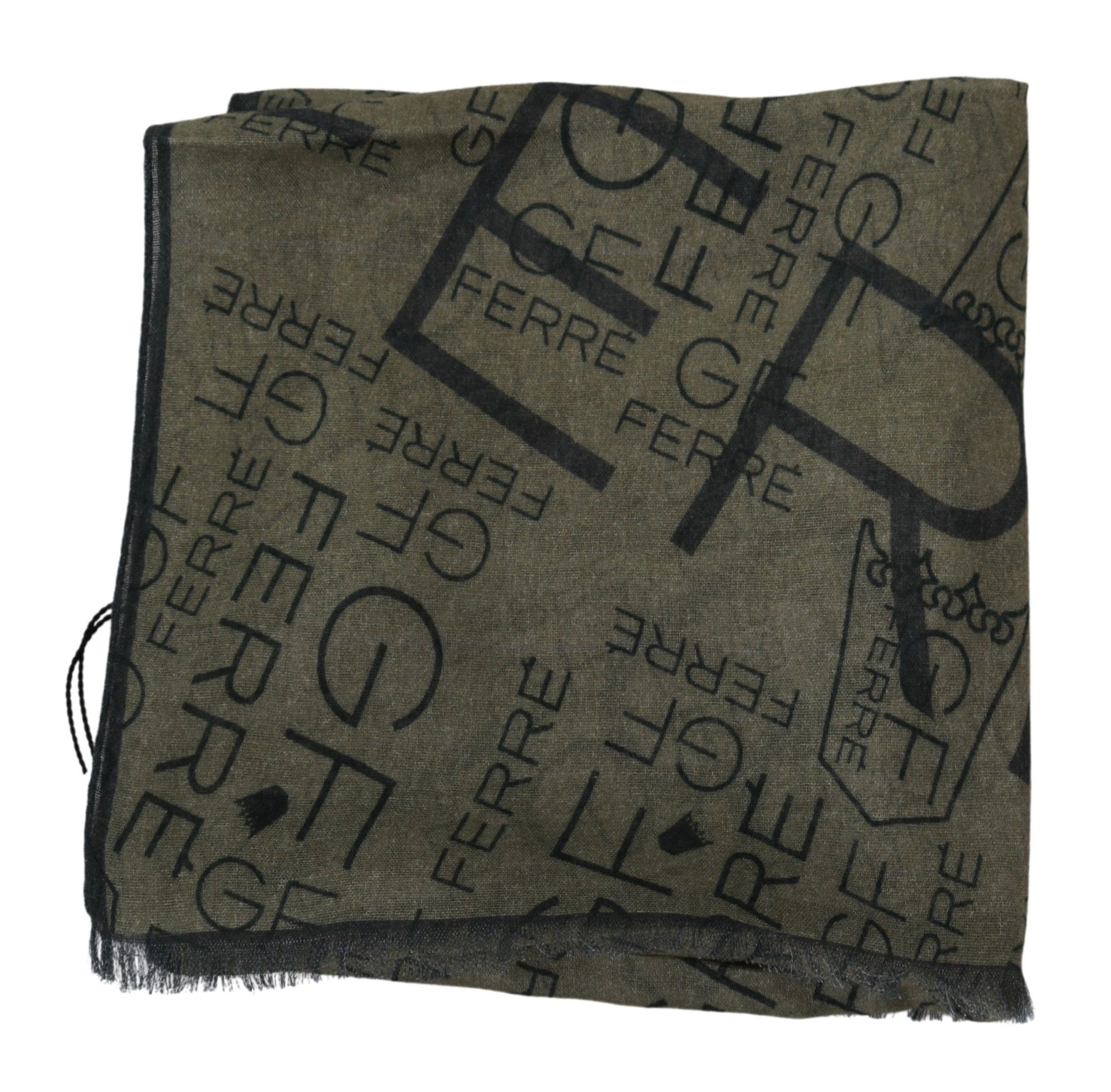 GF Ferre Green Wool Viscose Foulard Patterned Branded Scarf | Regal Royce