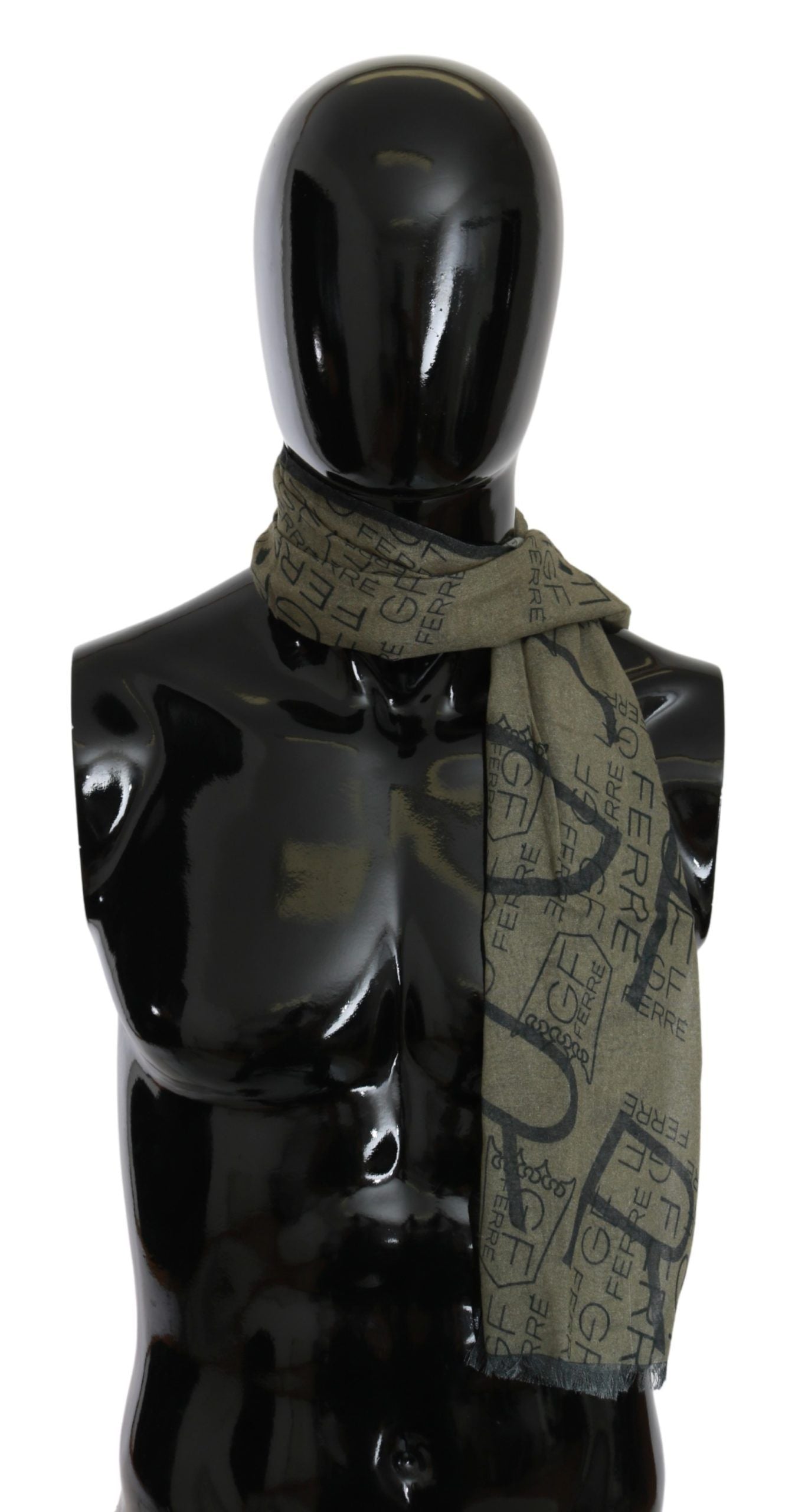 GF Ferre Green Wool Viscose Foulard Patterned Branded Scarf | Regal Royce