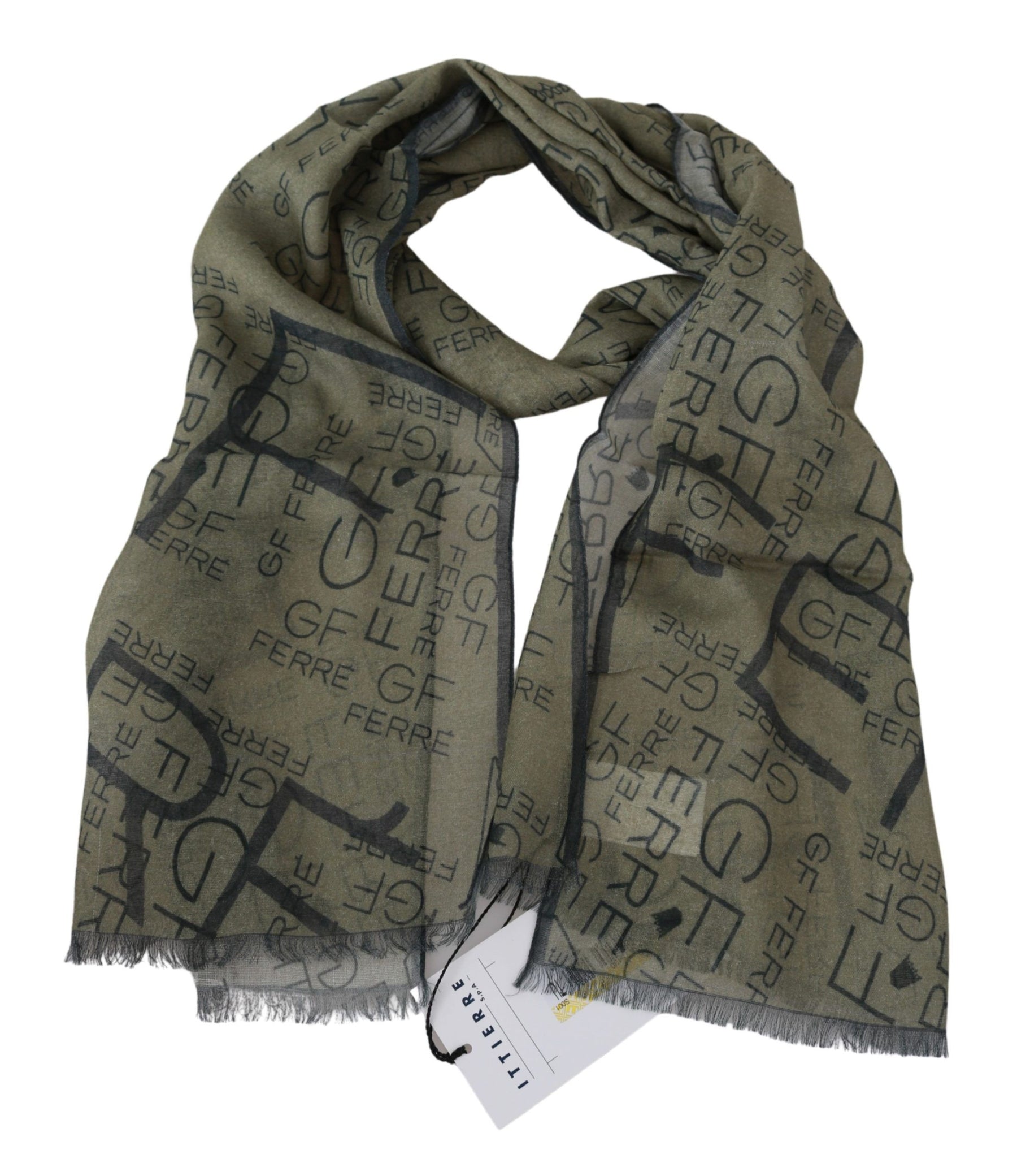 GF Ferre Green Wool Viscose Foulard Patterned Branded Scarf | Regal Royce