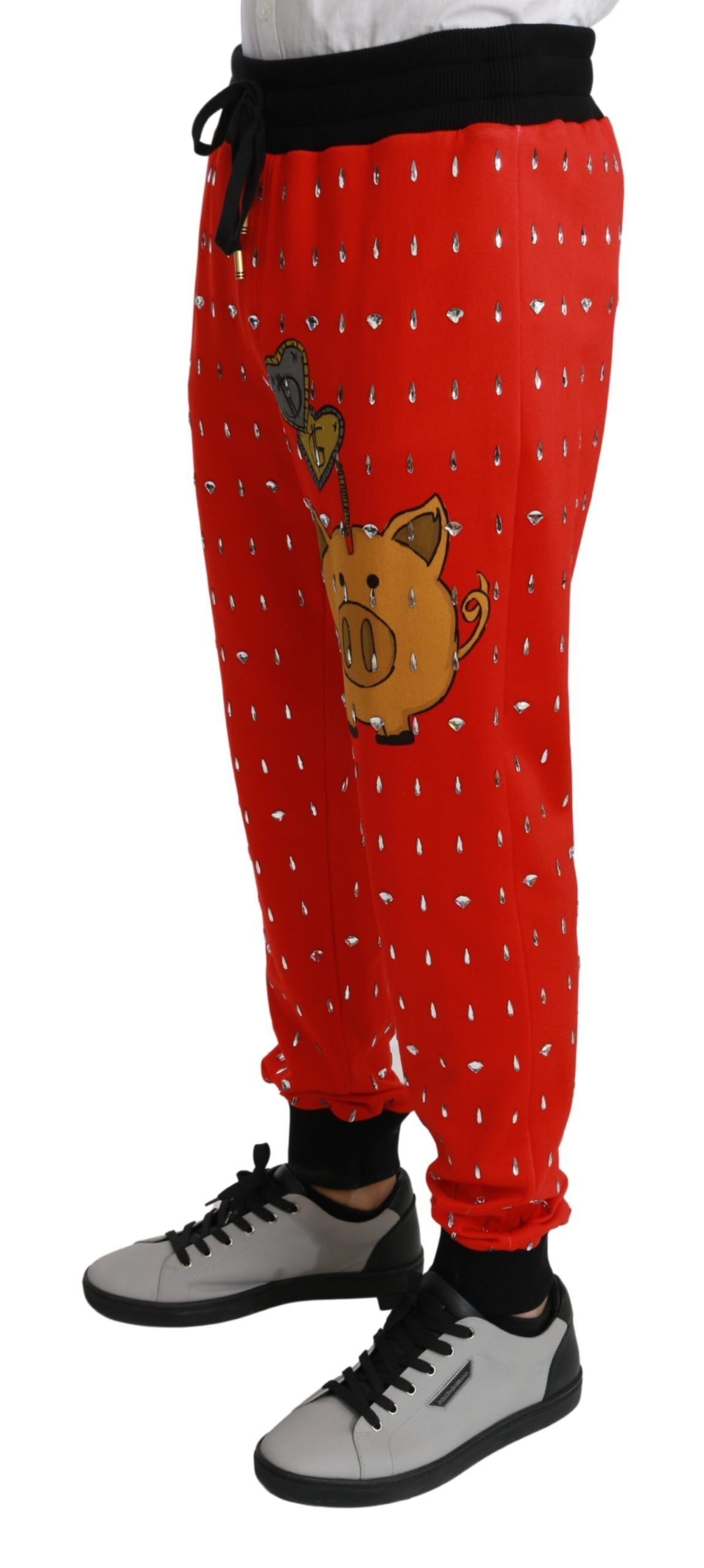 Dolce & Gabbana Red Piggy Bank Cotton Crystal Trousers Pants | Regal Royce
