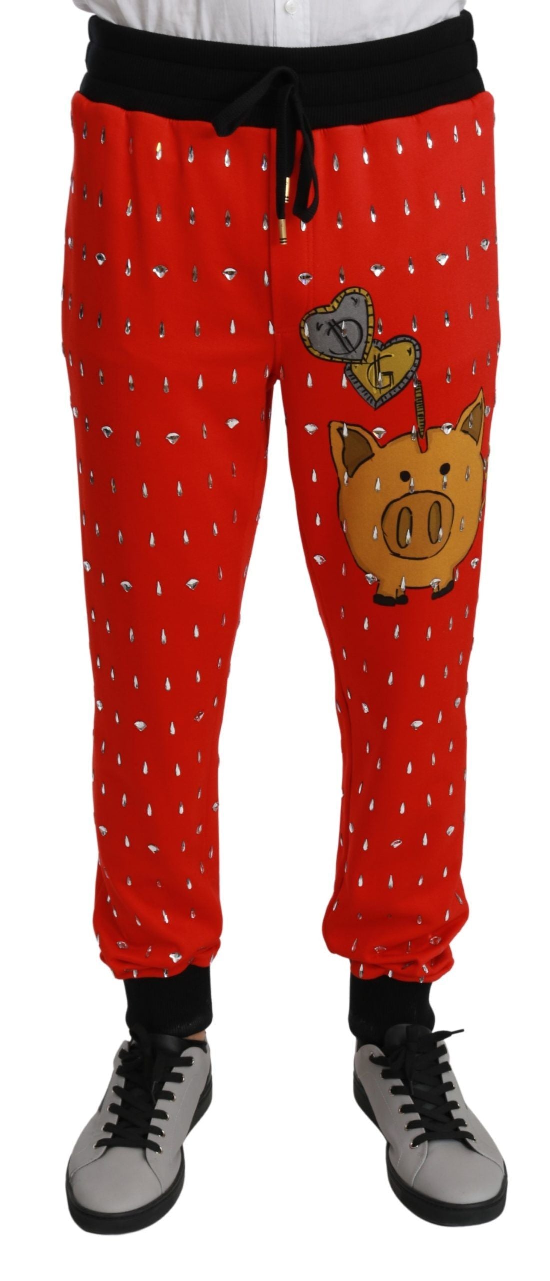 Dolce & Gabbana Red Piggy Bank Cotton Crystal Trousers Pants | Regal Royce