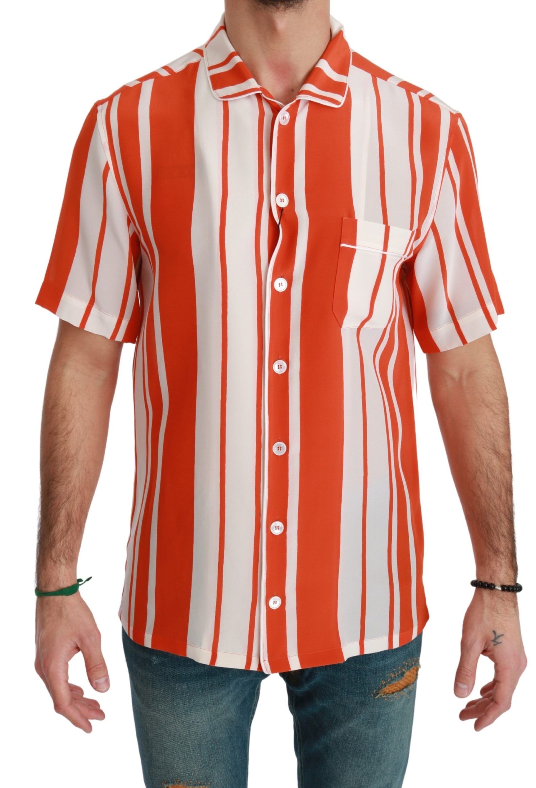 Dolce & Gabbana Orange Silk Striped Short Sleeve White Shirt | Regal Royce